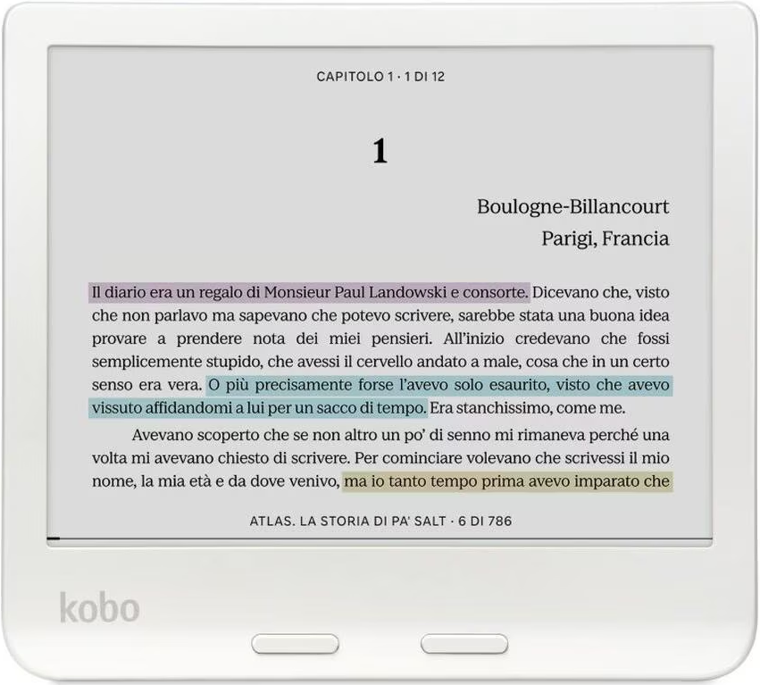 Ein weißer Kobo-E-Reader zeigt eine E-Book-Seite mit italienischem Text und farbigen Texthervorhebungen.