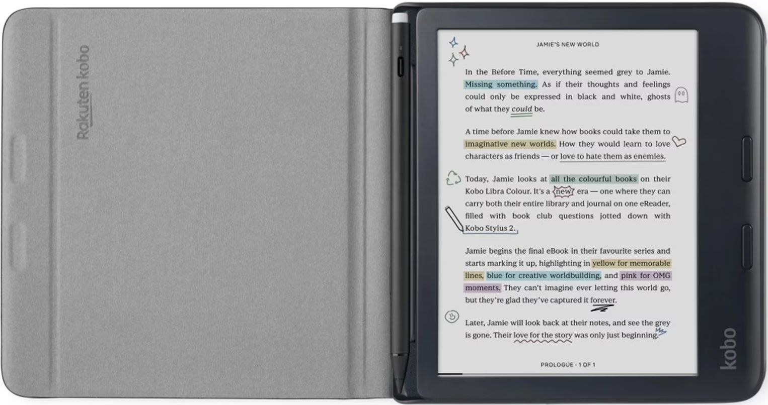 Ein Rakuten Kobo Libra Colour eReader in grauer Hülle zeigt markierten Text und handschriftliche Notizen.