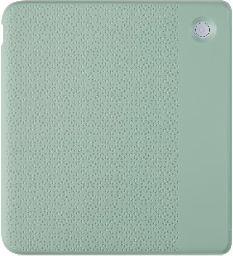Ein hellgrünes E-Reader-Cover mit feinem Blumenmuster und einem kleinen runden Knopf oben rechts.