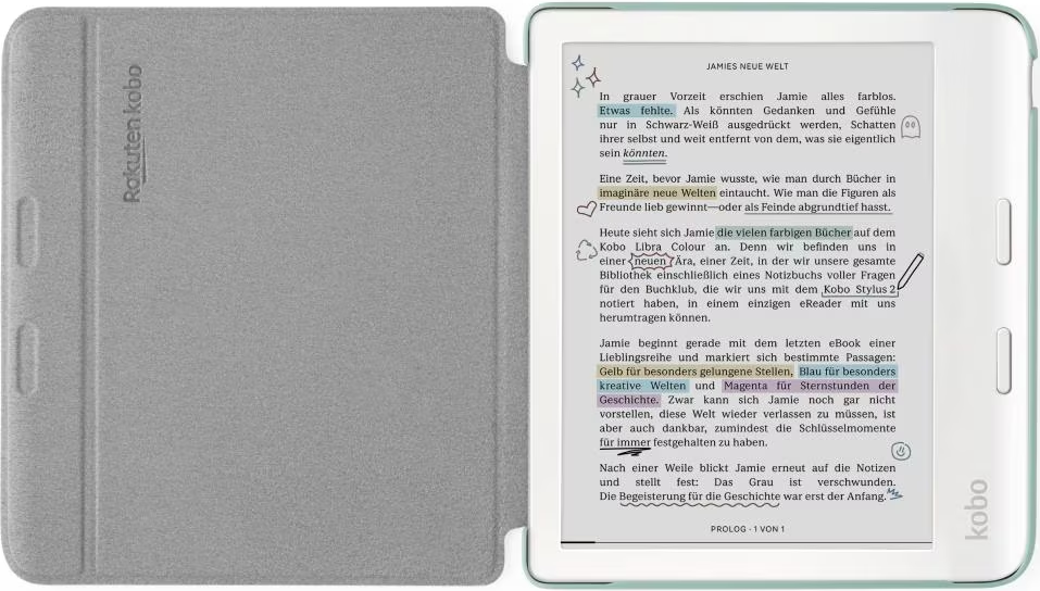 Ein offener Kobo Libra Colour eReader mit grauem Cover zeigt farbigen Text und Notizen auf dem Bildschirm.