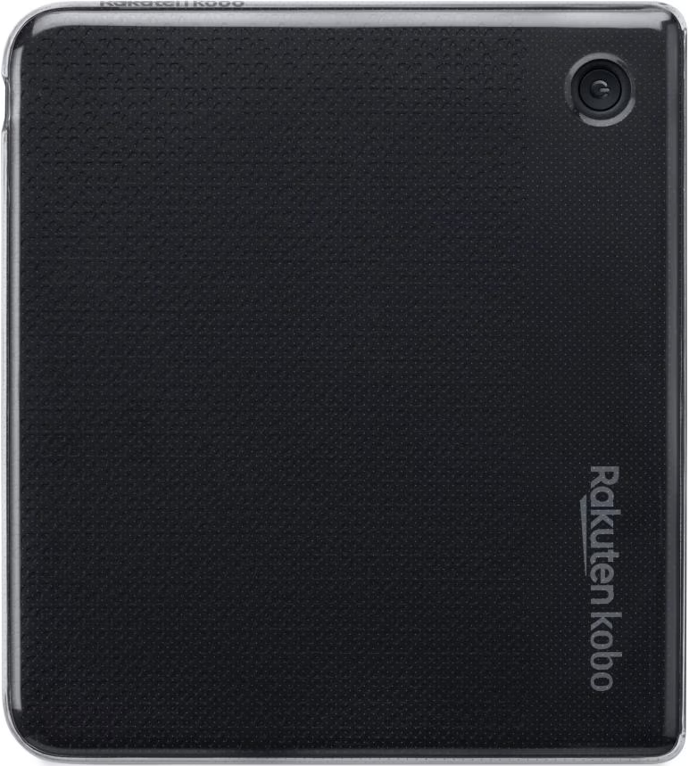 Ein schwarzes Rakuten Kobo E-Reader-Gerät mit strukturierter Rückseite, Kamera und dezentem Markenlogo.