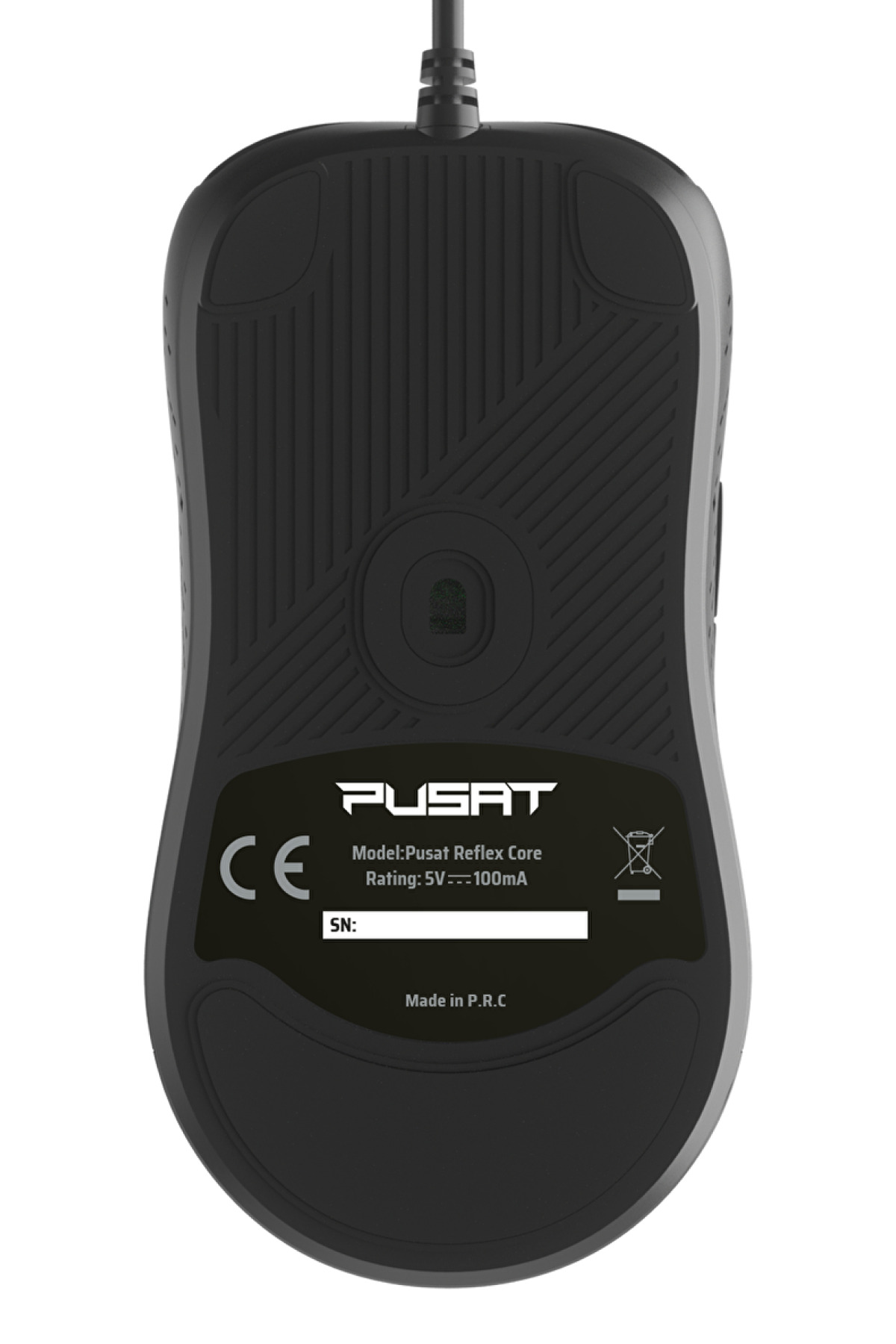 Sensörü, ayakları ve etiketleri gösteren siyah Pusat Reflex Core bilgisayar faresinin alt kısmı.