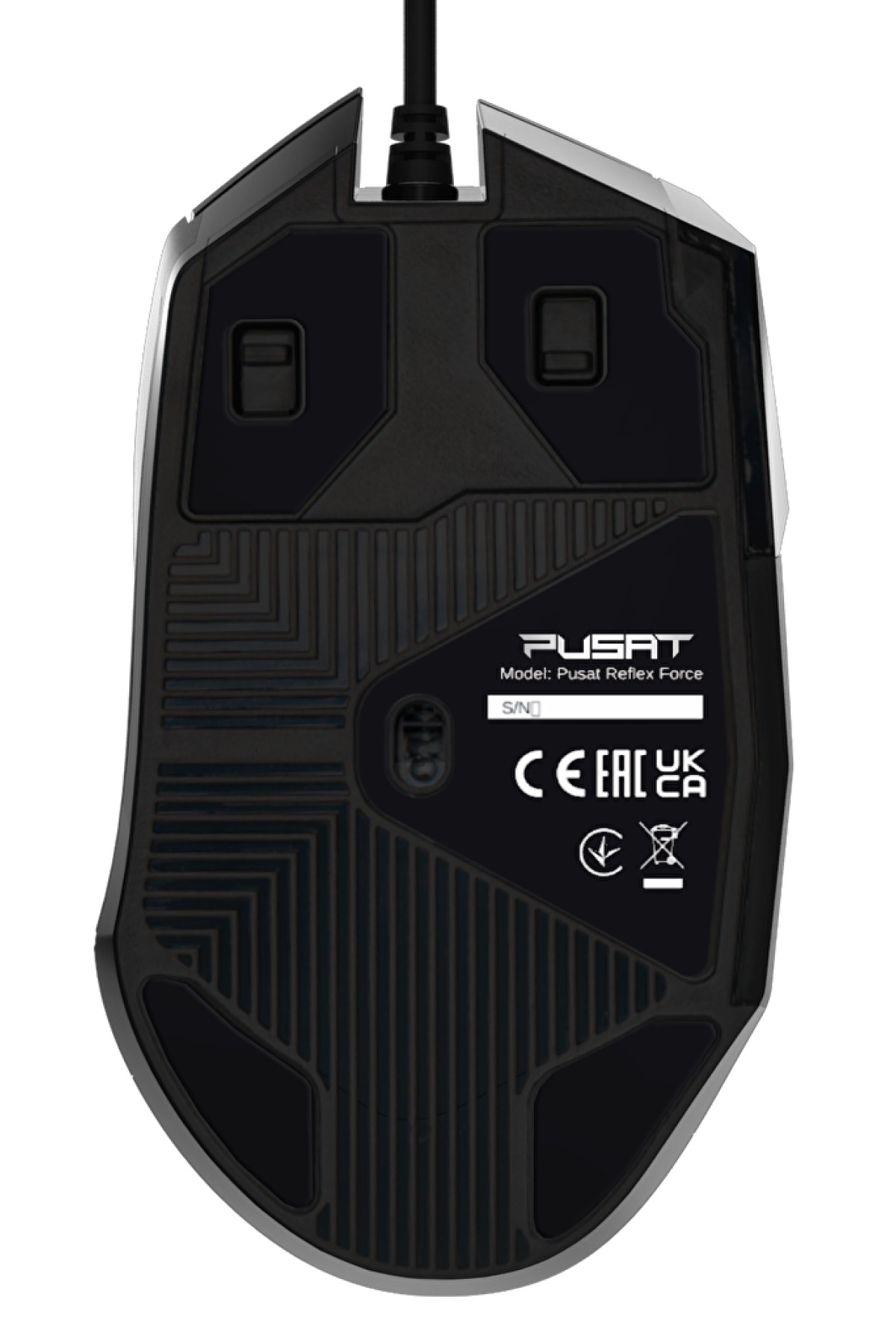Sensörler ve etiketler içeren siyah Pusat Reflex Force oyuncu faresinin alt görünümü.
