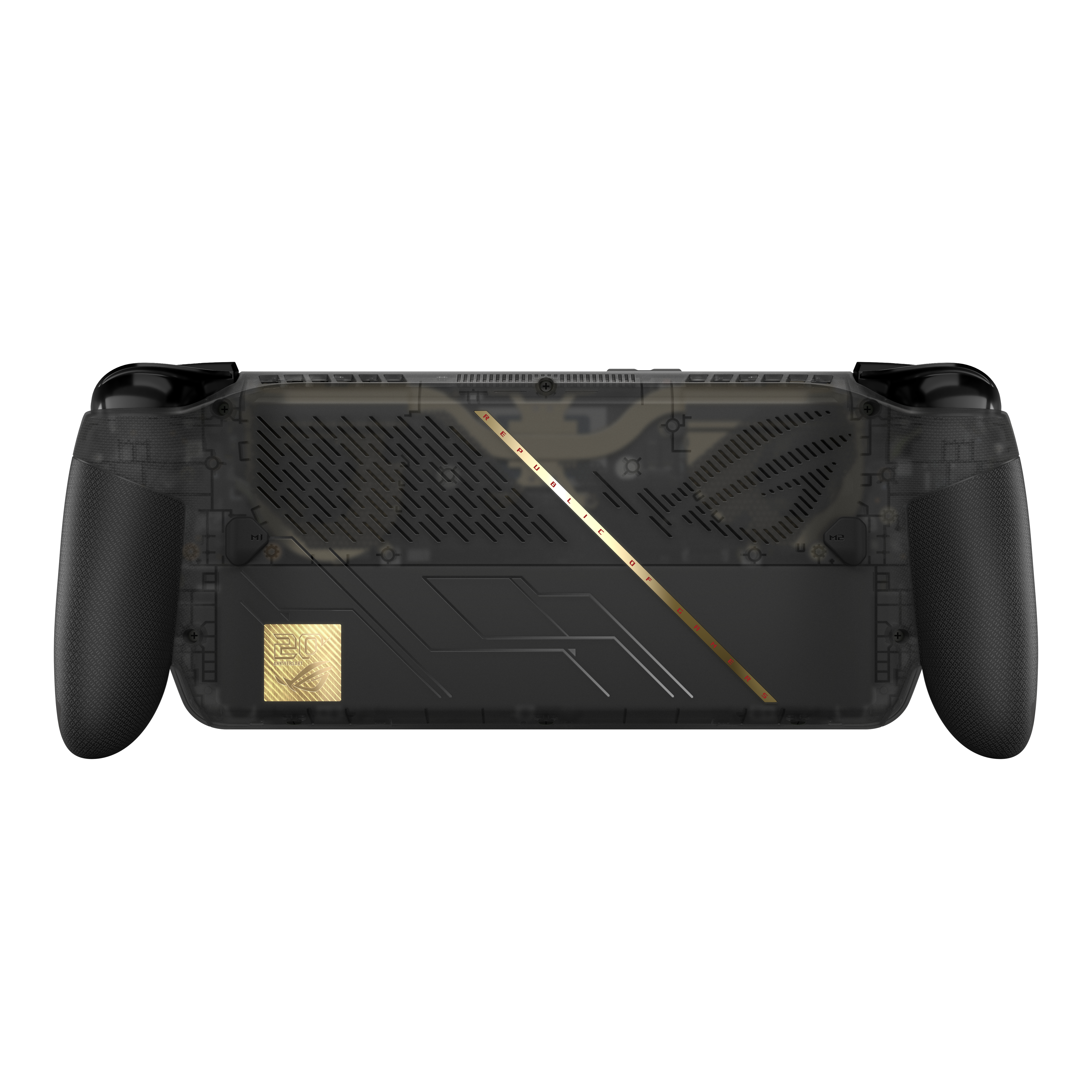 Rückseite eines schwarzen Handheld-Gaming-Geräts mit strukturierten Griffen und goldenen Akzenten.