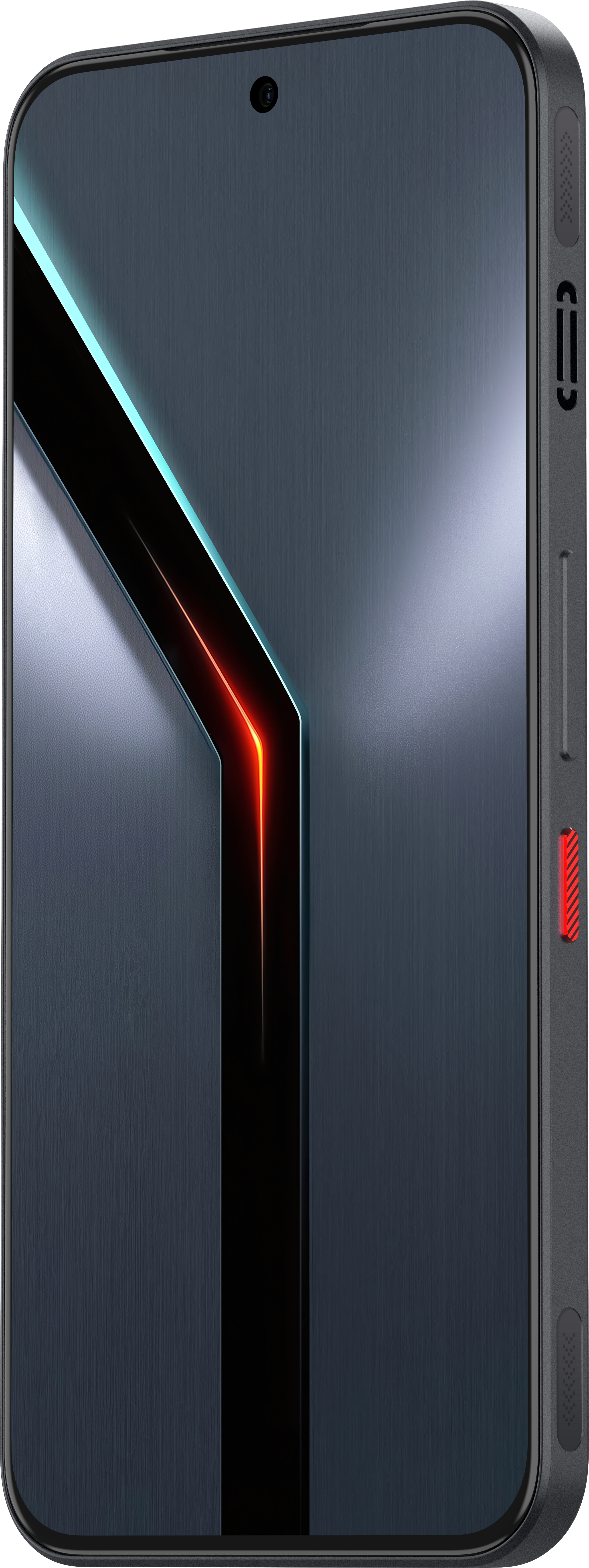 Ein Smartphone mit dunklem Gehäuse, Frontkamera, physischen Tasten und einem Display mit futuristischem Neon-Muster.