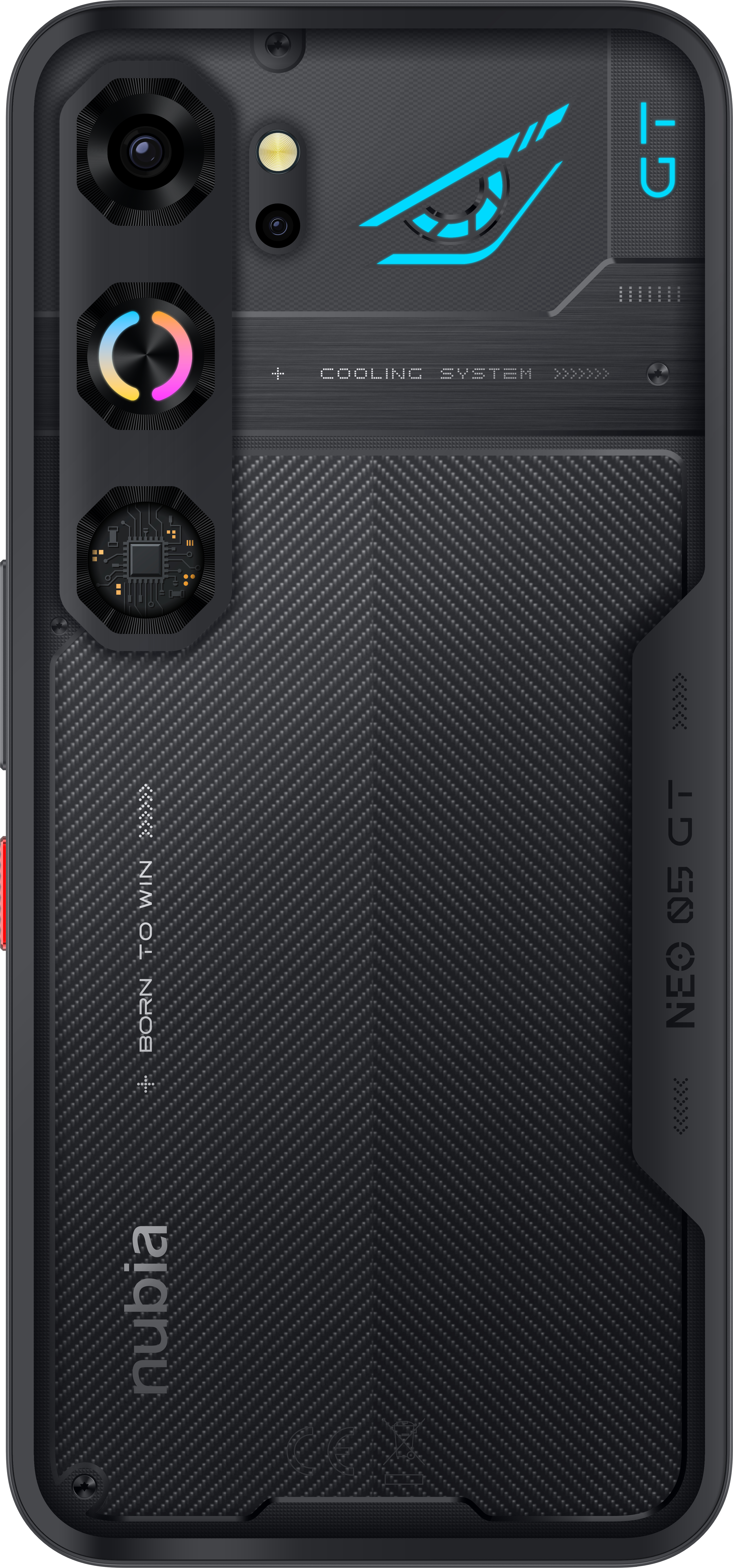 Rückseite eines schwarzen Nubia-Smartphones mit Dreifachkamera, Karbonmuster und blau leuchtendem Augen-Logo.