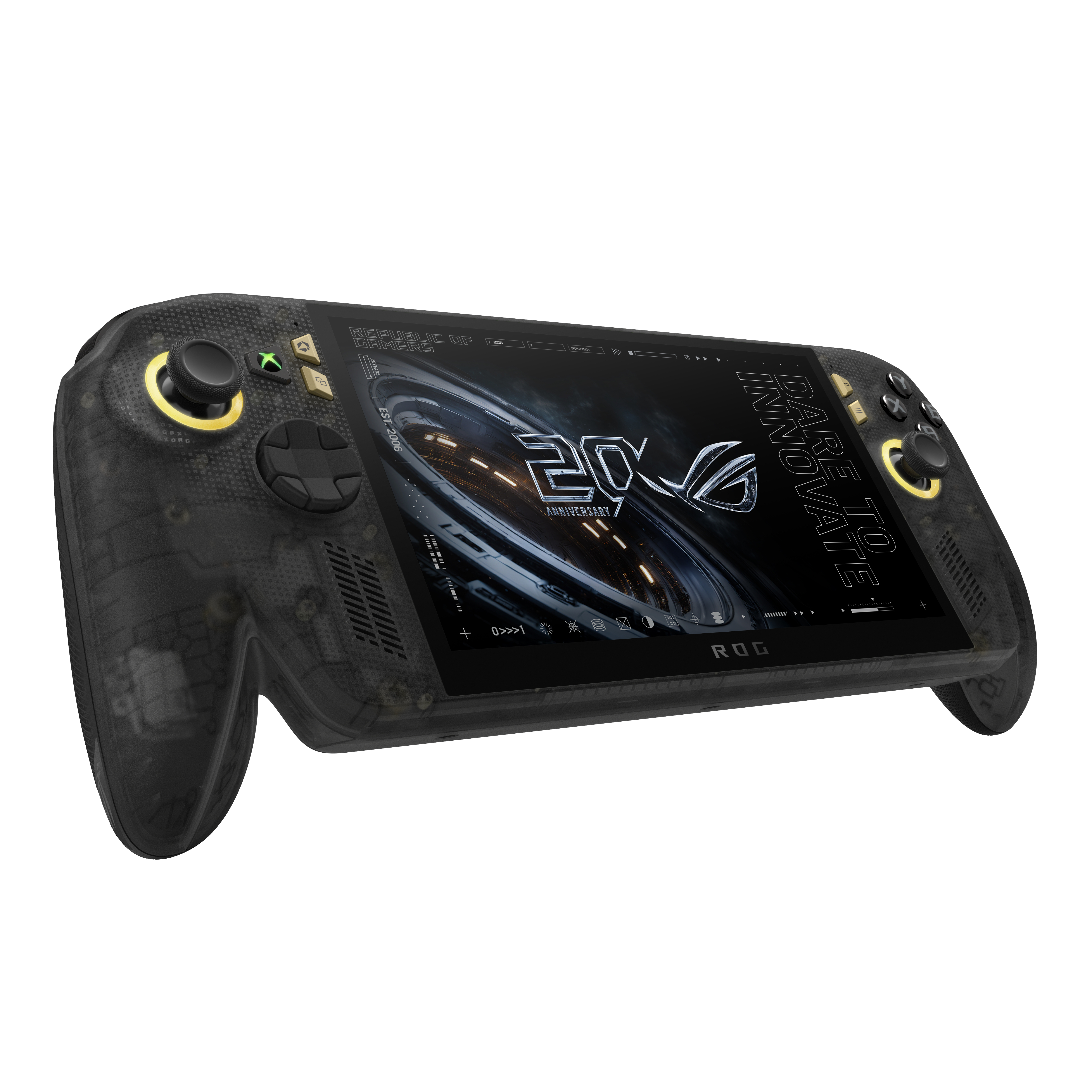 Ein schwarzer tragbarer Handheld-Gaming-PC mit Bildschirm, analogen Sticks und Steuertasten auf weißem Hintergrund.