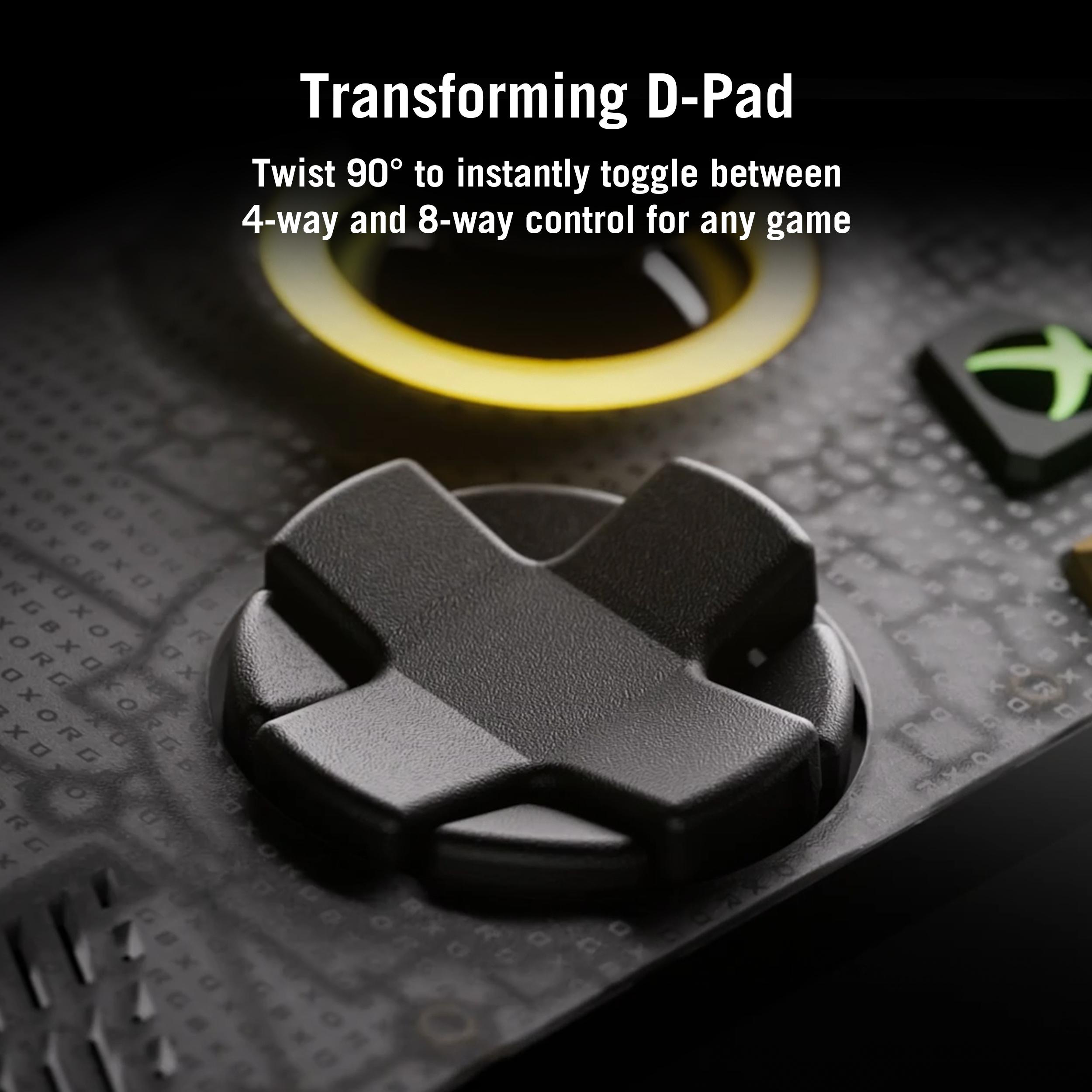 Ein schwarzes Transforming D-Pad auf einem Gamepad mit Text darüber.