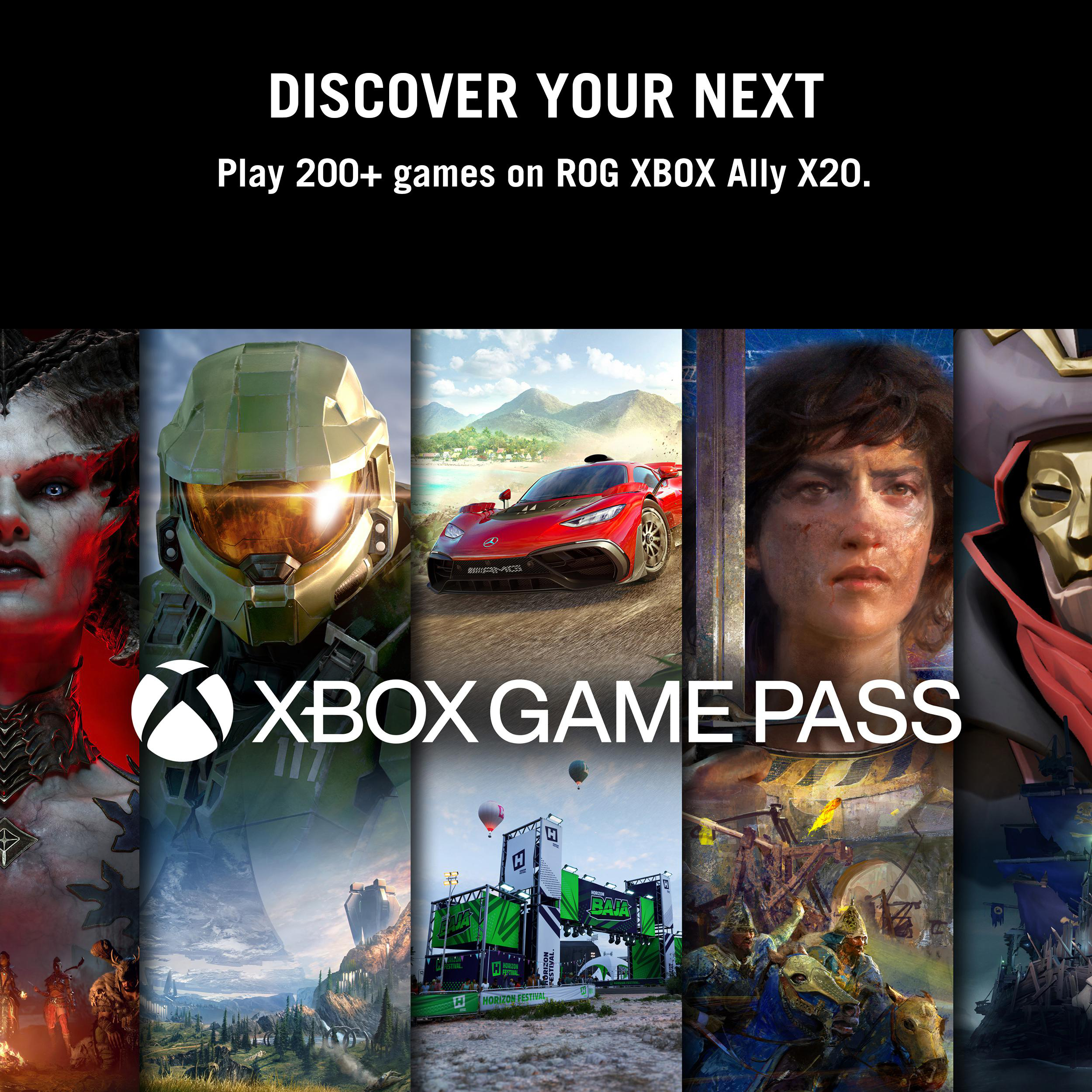 Entdecke Spiele auf ROG Xbox Ally X20 mit Xbox Game Pass, gezeigt in verschiedenen Panels.