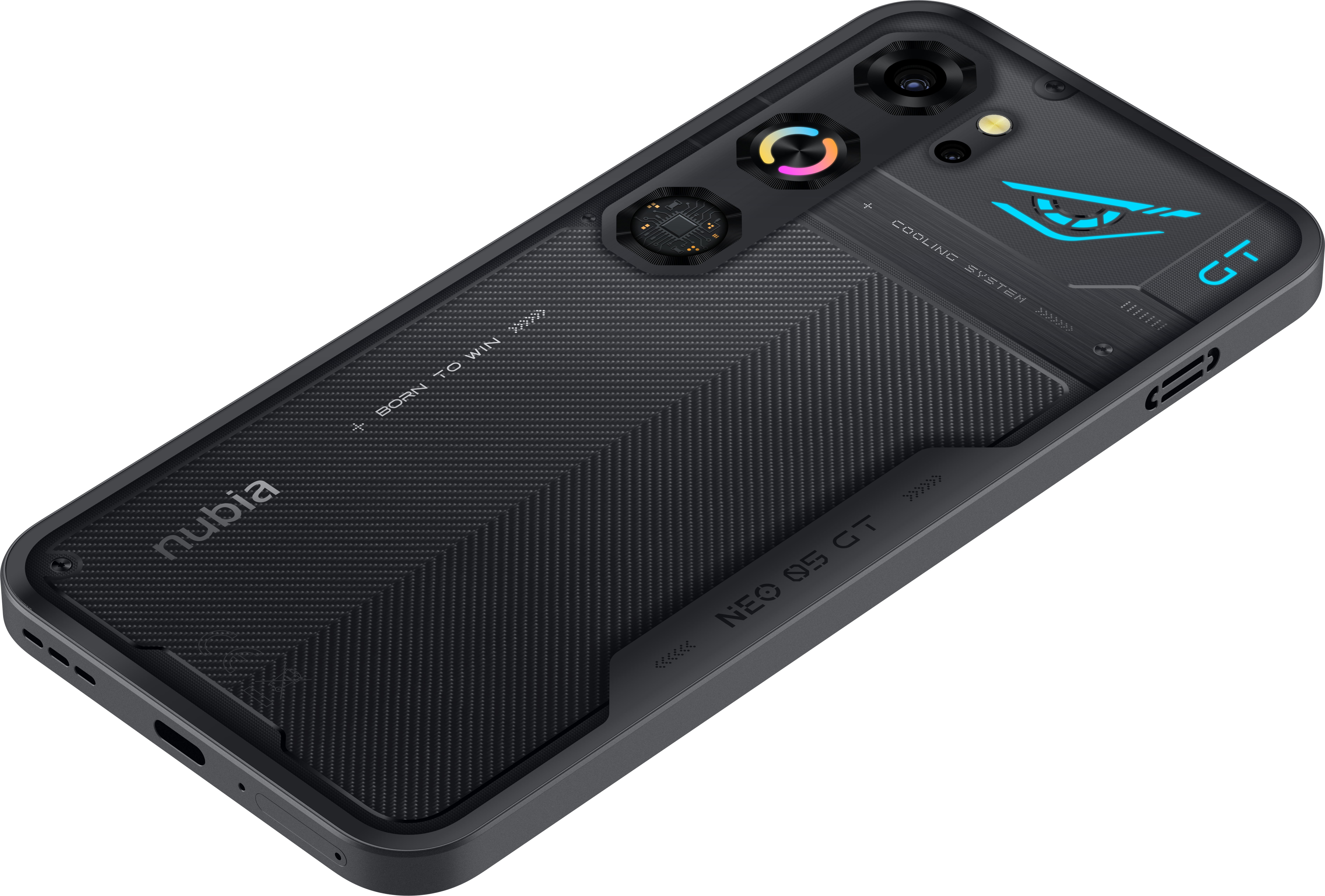 Rückseite eines schwarzen Nubia-Smartphones mit strukturierter Oberfläche, Dual-Kamera und cyanfarbenen Akzenten.