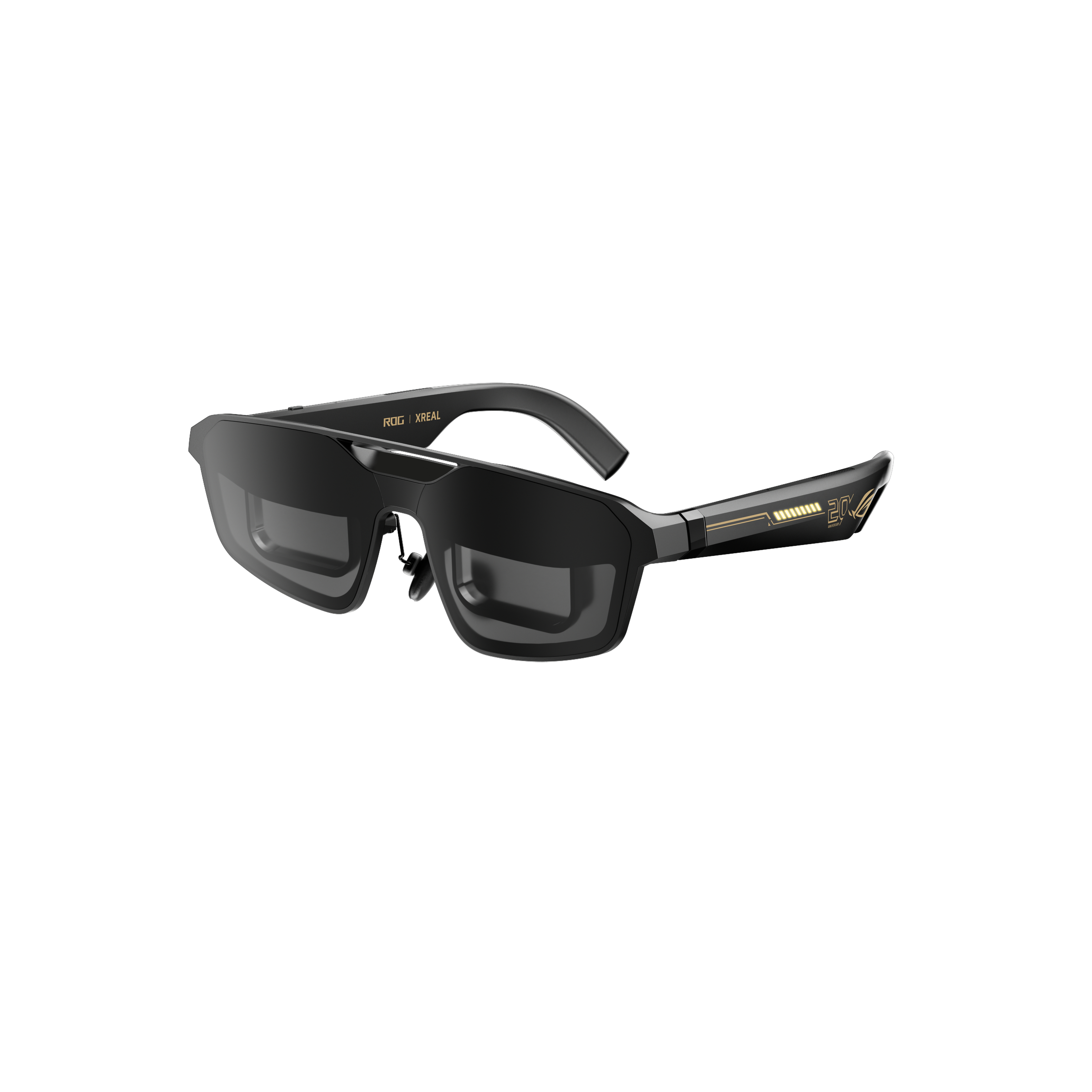 Schwarze Smart-Brille mit getönten Gläsern und goldenen ROG- und XREAL-Logos auf weißem Hintergrund.