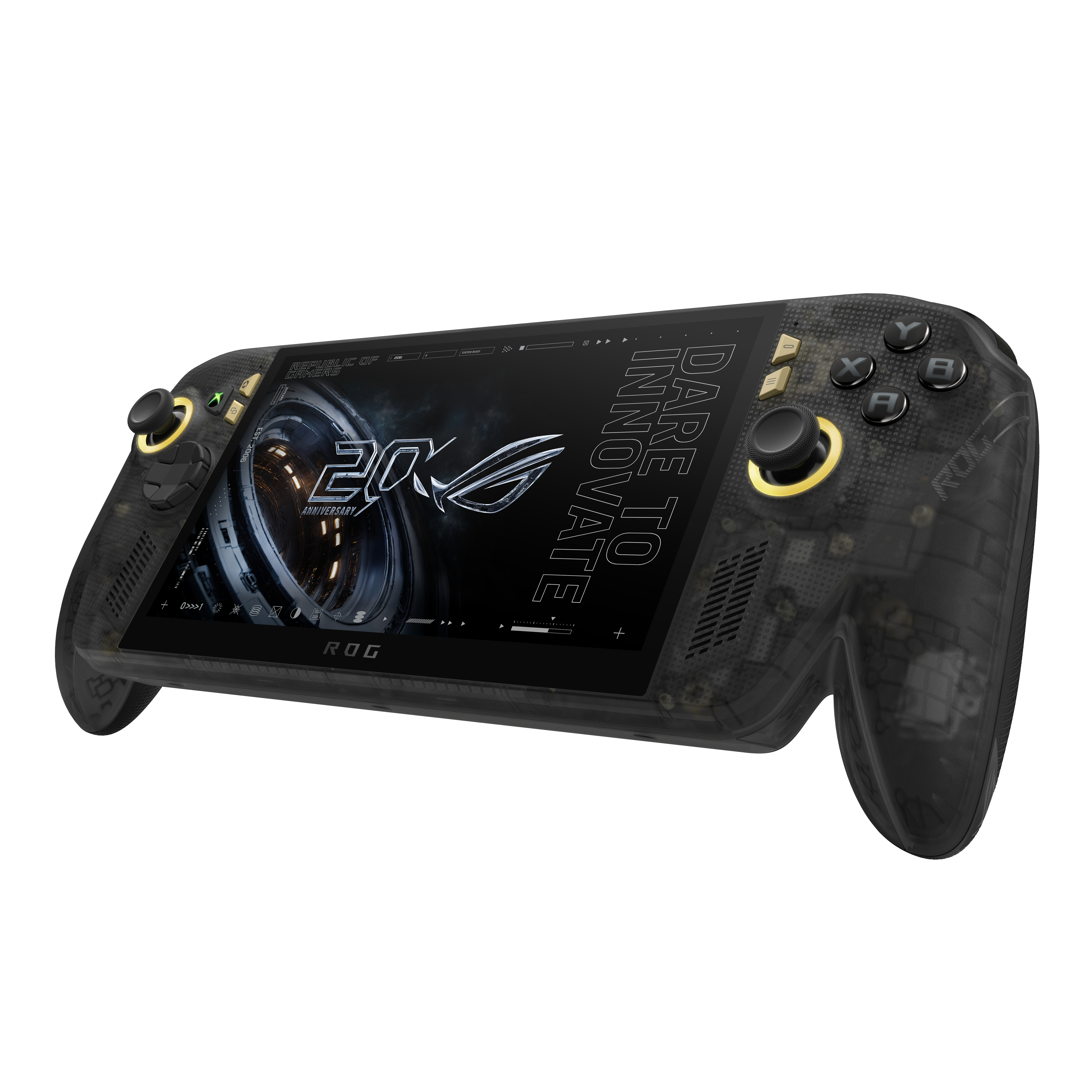 Schwarze Handheld-Spielekonsole mit Bildschirm und Tasten, ROG-Logo.