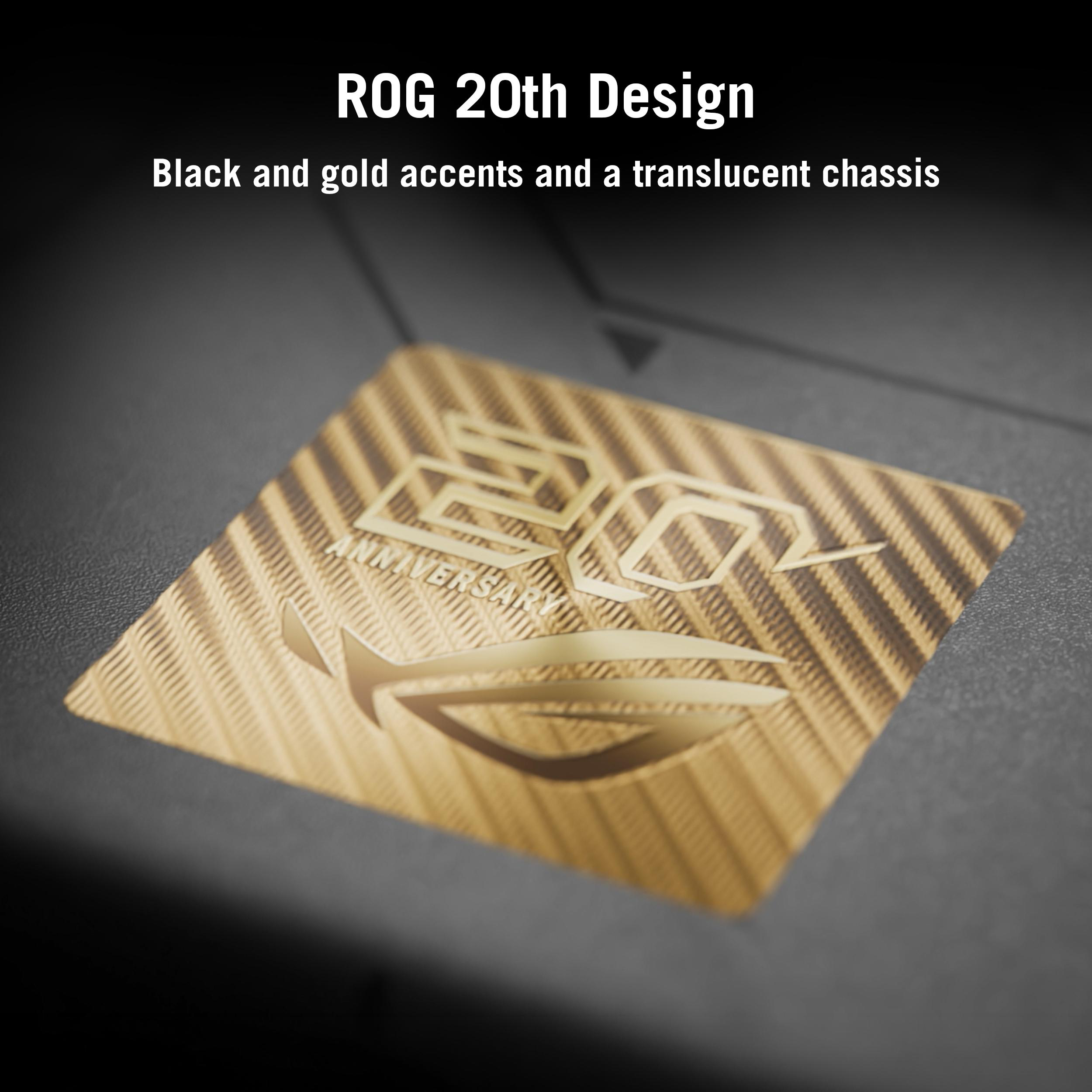 ROG 20th Design mit goldenem Jubiläumslogo auf schwarzem Gehäuse.