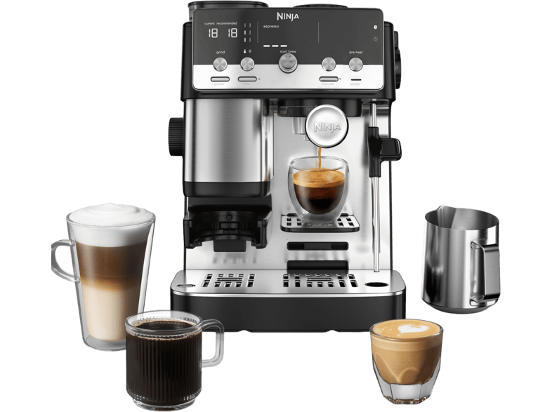 Ninja ES 301EU Luxe Café Mini Espressomaschine (Schwarz/Silber, Edelstahl-Kegelmahlwerk, 1650 Watt, )