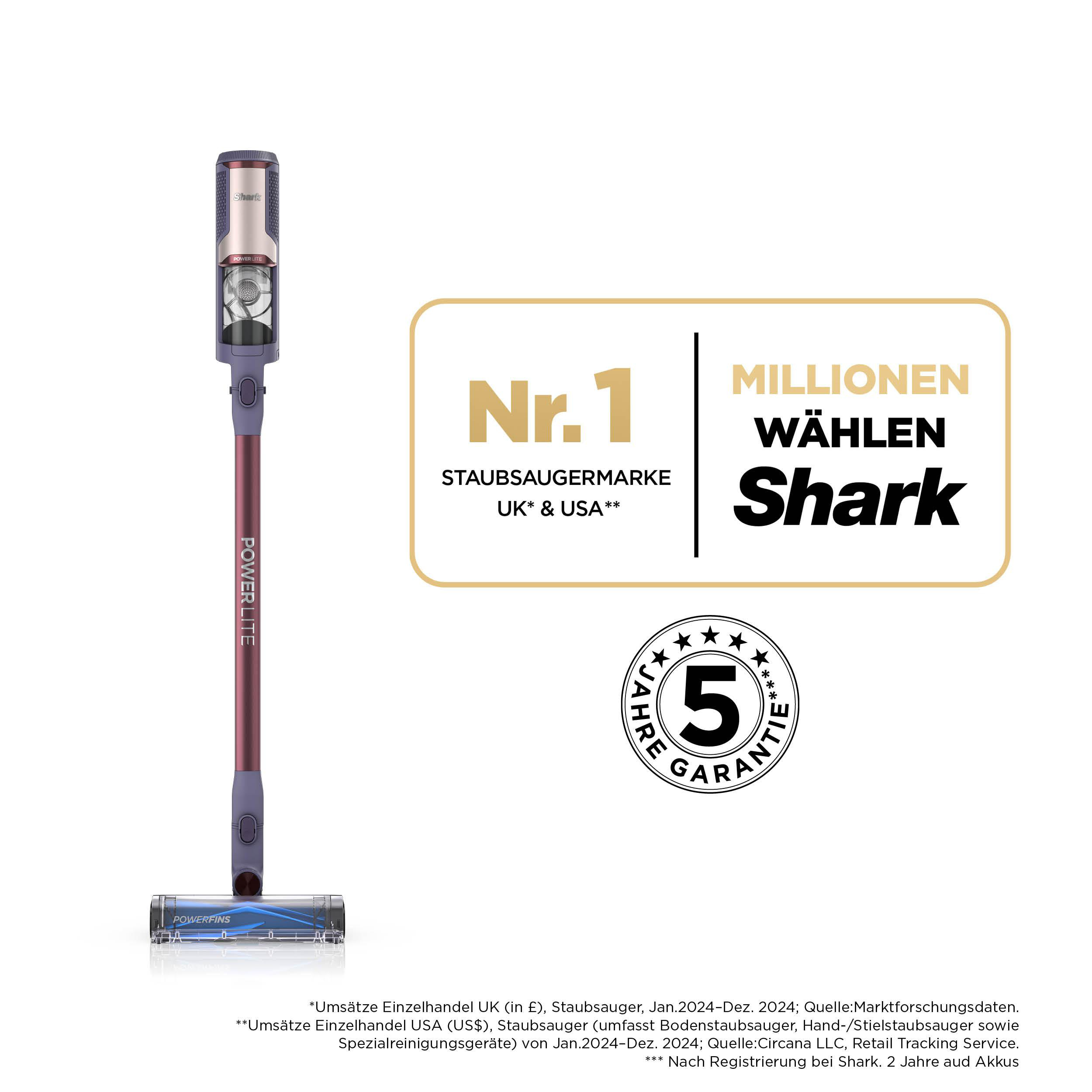 Shark Staubsauger mit 5 Jahren Garantie auf weißem Hintergrund und Werbetext.