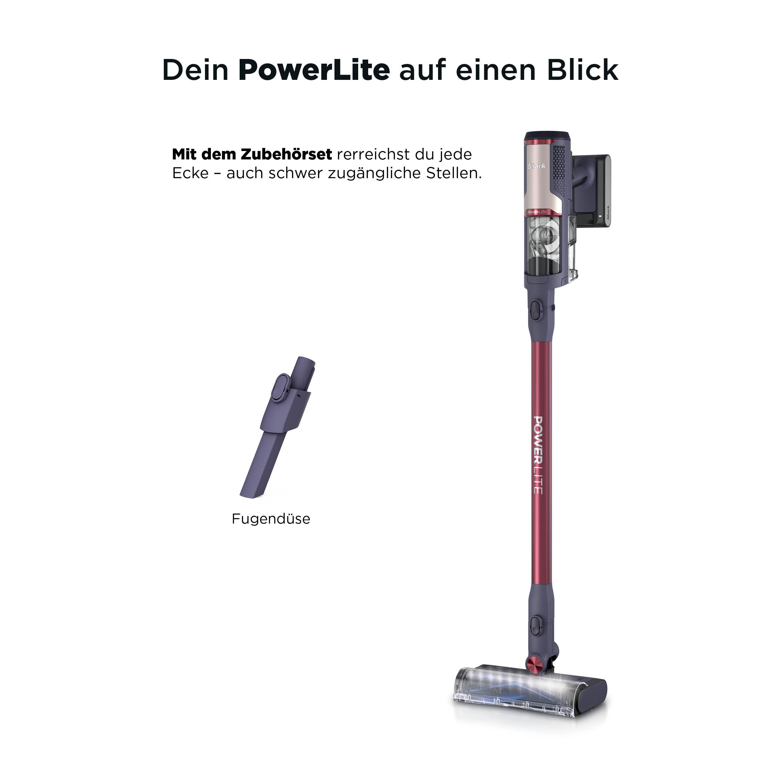 Ein lila Shark PowerLite Staubsauger mit Fugendüse und Text auf weißem Hintergrund.