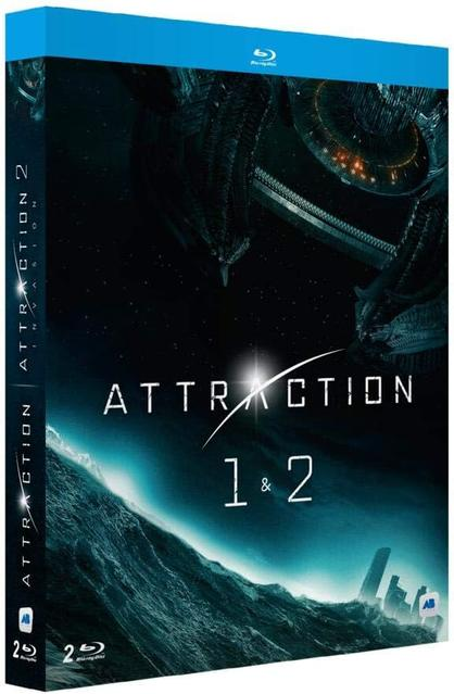 Blu-ray-Hülle mit dem Titel Attraction 1 und 2, mit einem Raumschiff über einer bergigen Landschaft.