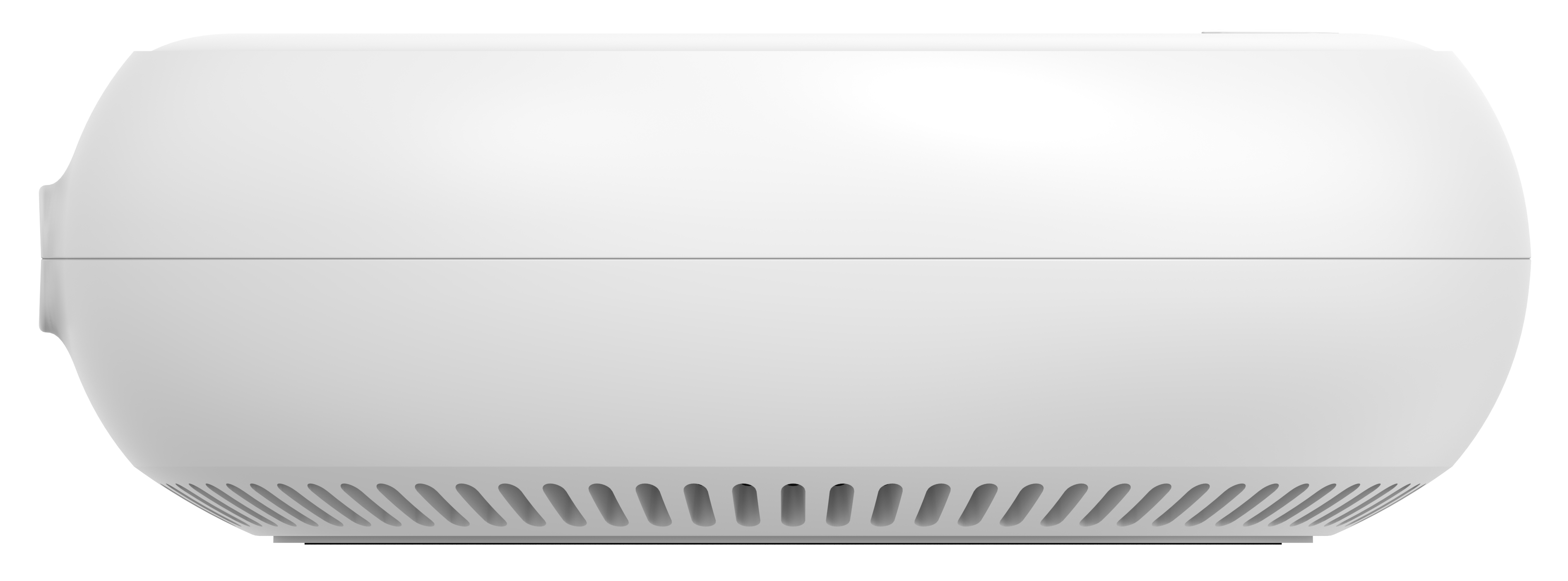 Egy fehér, lekerekített elektronikus eszköz szellőzőnyílásokkal az alján, fekete háttér előtt.
