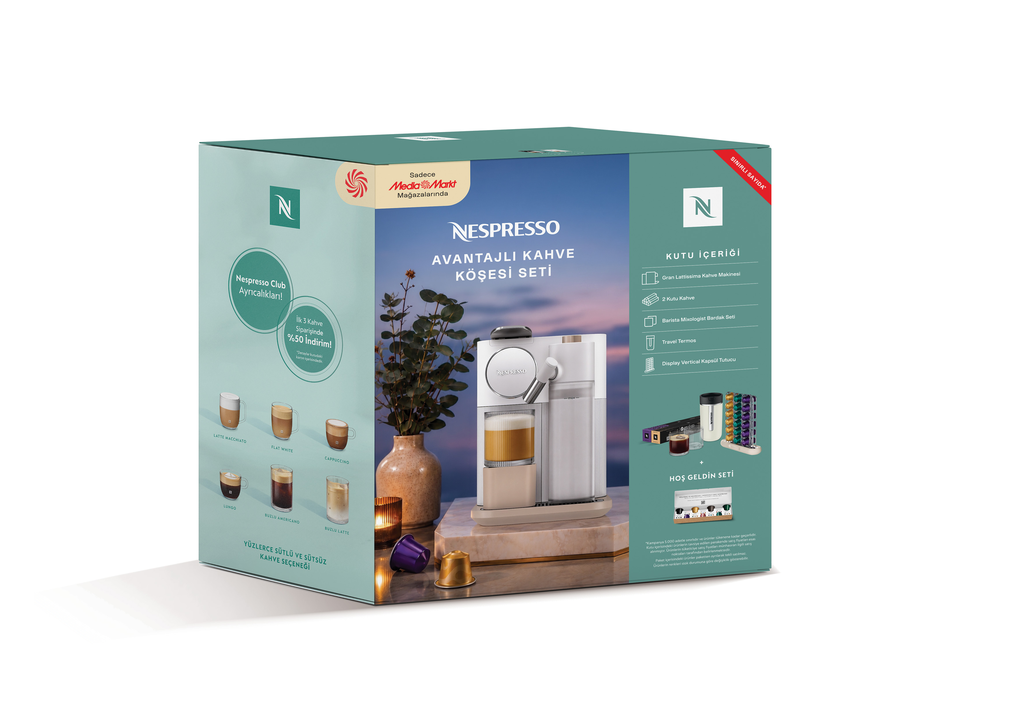 Kahve makinesi ve aksesuarlari gosteren Nespresso Avantajli Kahve Kosesi Set urun kutusu.