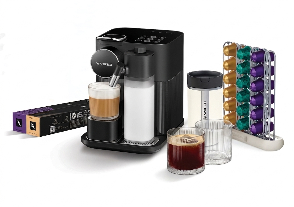 Beyaz arka planda süt hazneli siyah Nespresso kahve makinesi, bardaklar, stantta kapsüller ve kutular.