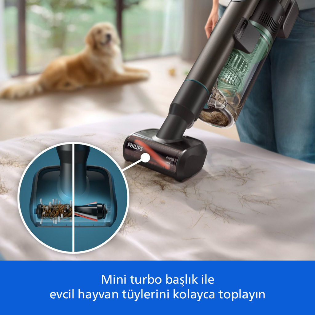 Bir elektrikli süpürge battaniyeden tüy topluyor, arkada bir köpek var.