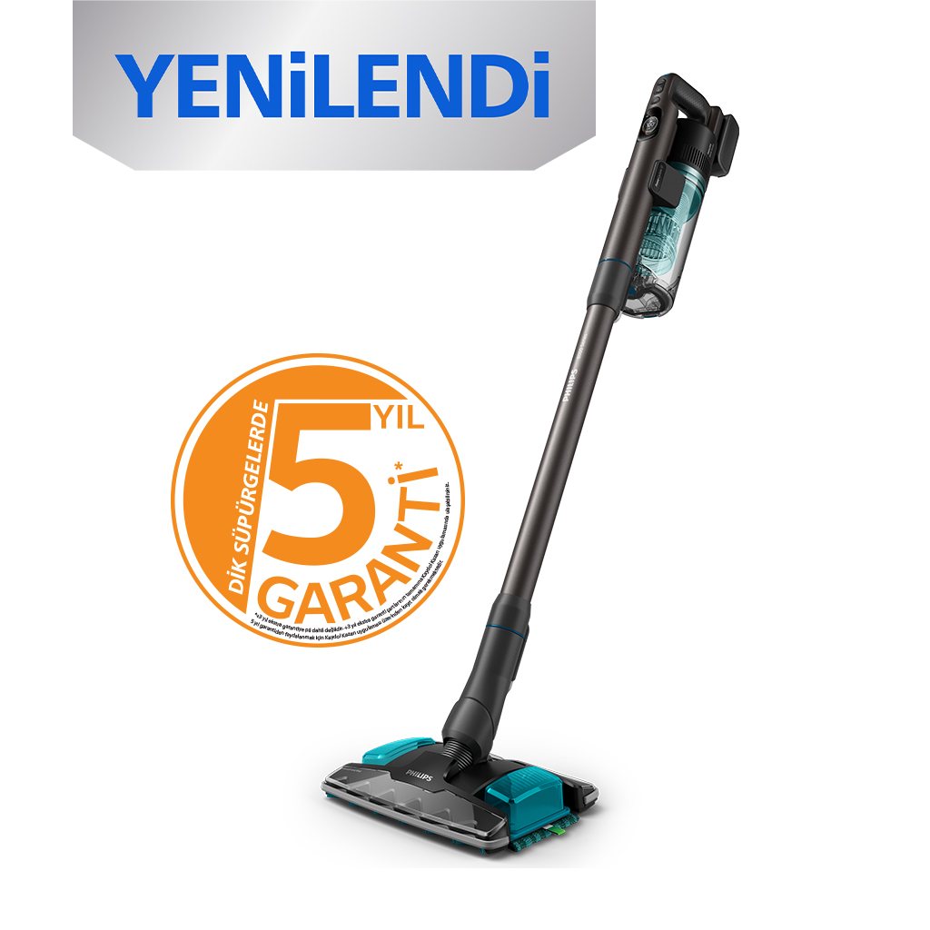 Aksesuarları ve 5 yıl garanti logosu olan gri renkli Philips dikey kablosuz süpürge.