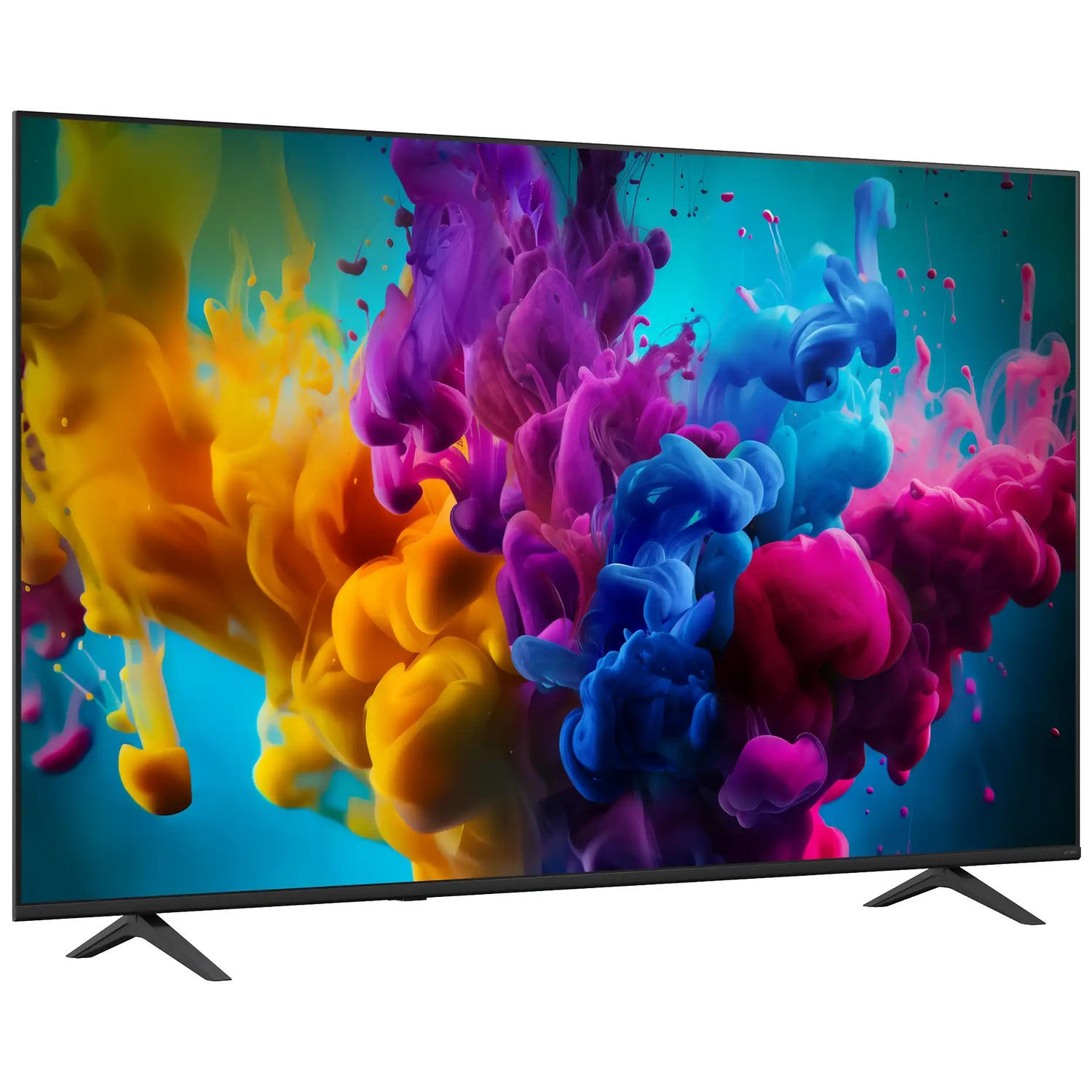 Écran TV moderne affichant des dispersions d'encre colorées en jaune, violet et bleu sur fond turquoise.