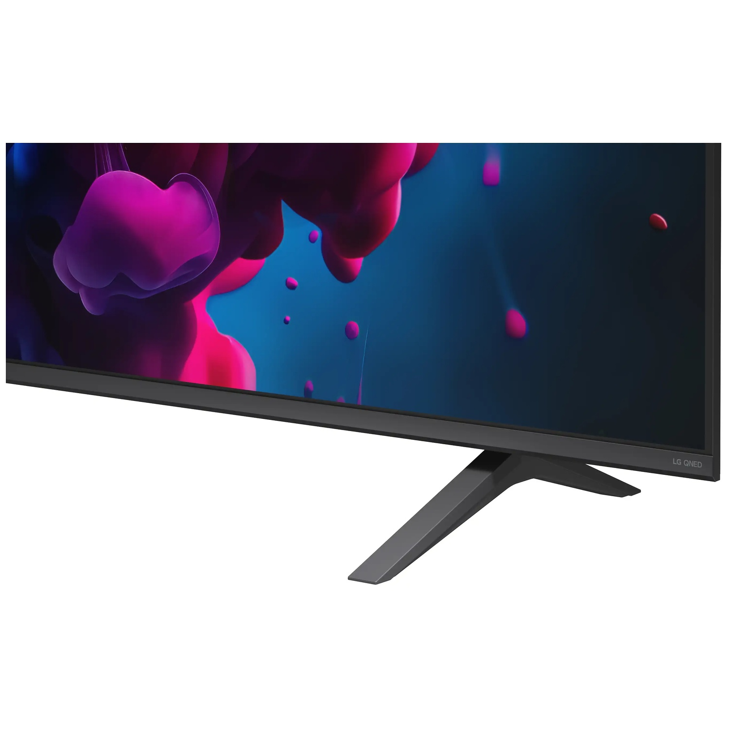 Un téléviseur LG QNED moderne avec un pied en V affiche une image abstraite colorée.