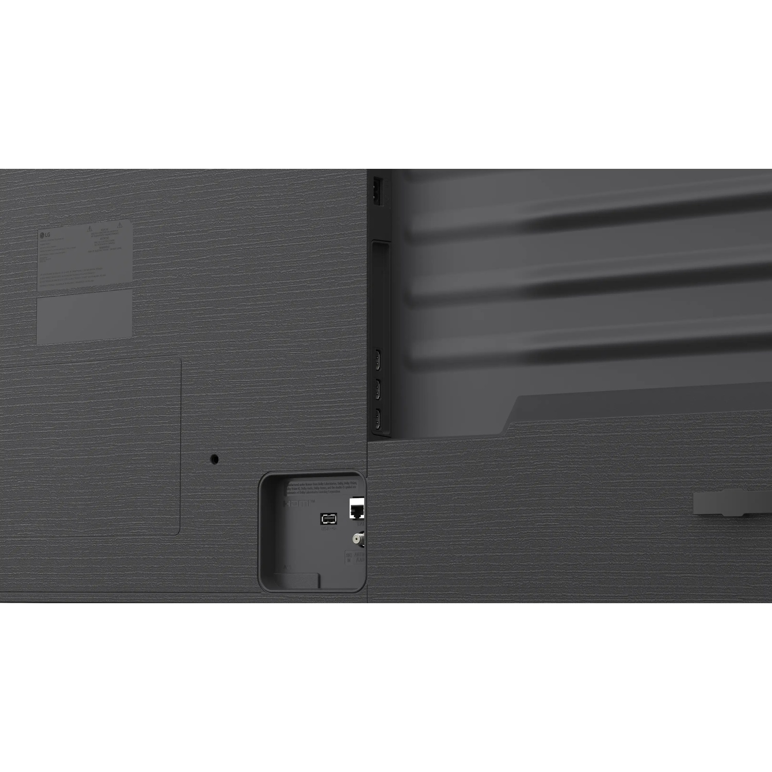 Vue arrière d'un téléviseur LG gris foncé montrant divers ports comme HDMI, USB et antenne.