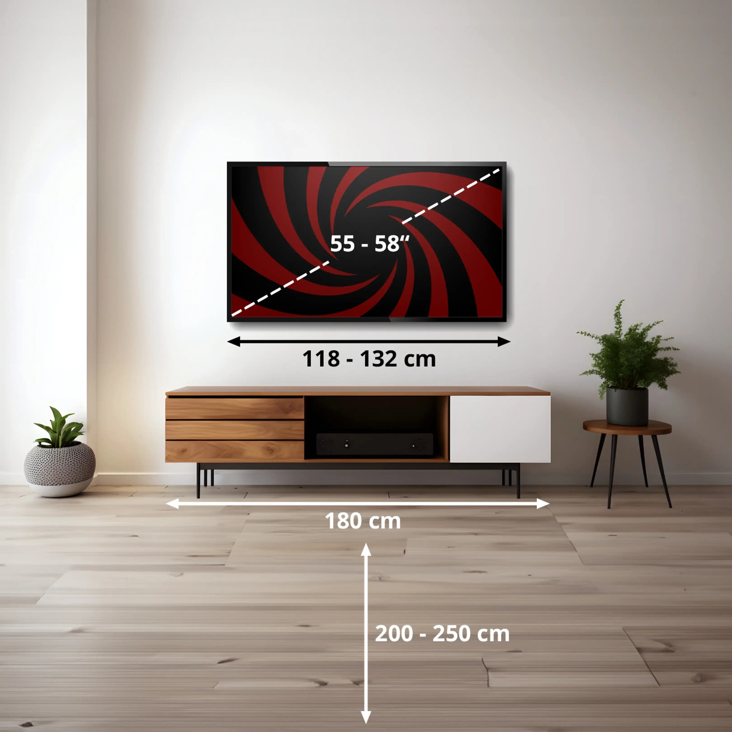 Woonkamer met tv-maattabel op witte muur, houten dressoir, planten en houten vloer.