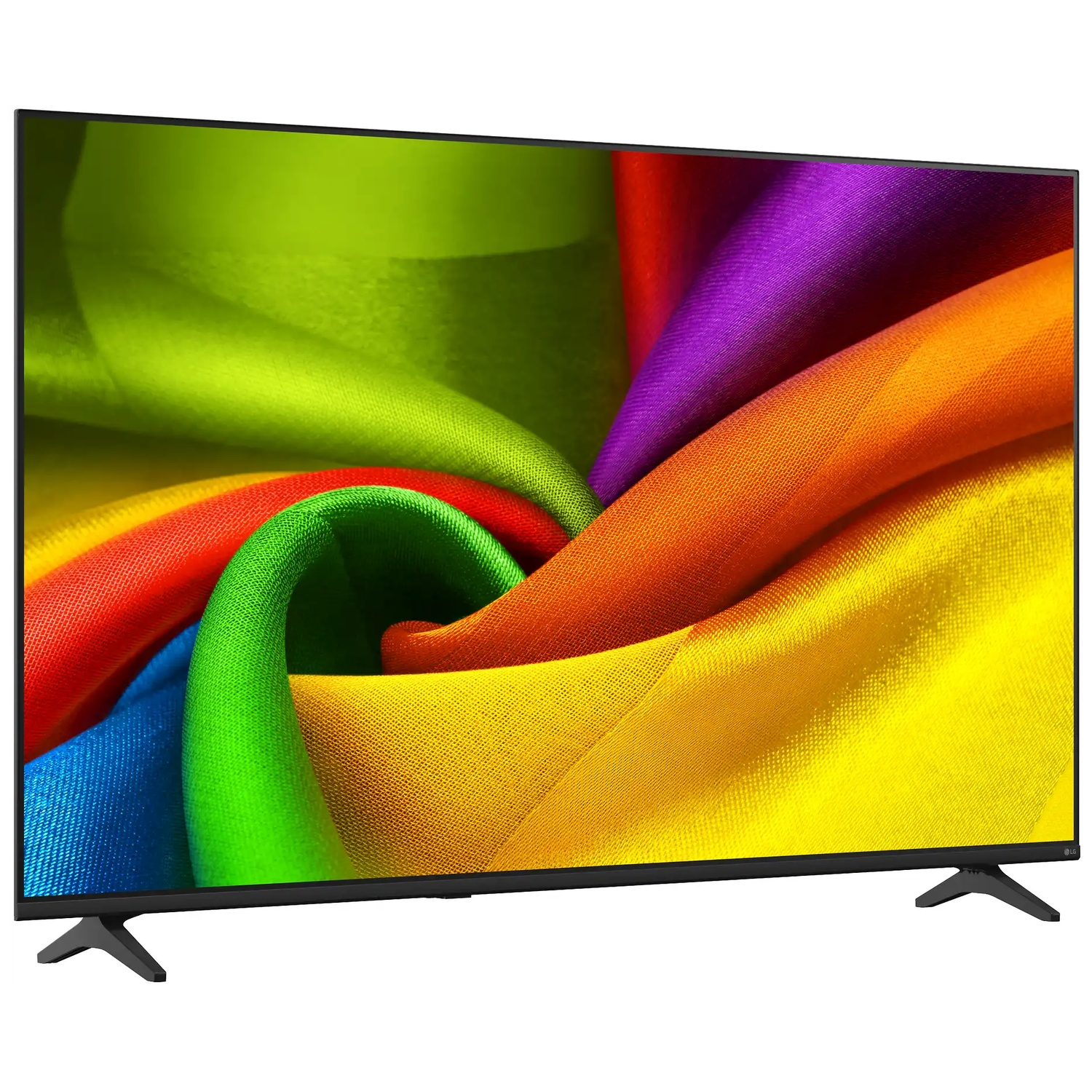 Een flatscreen-tv met een dunne rand toont een kleurrijk, wervelend stofpatroon.