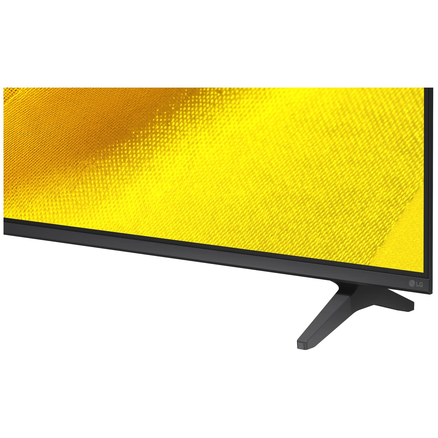 Onderste deel van een LG-tv met een zwarte rand en standaard, het scherm toont een heldergeel patroon.