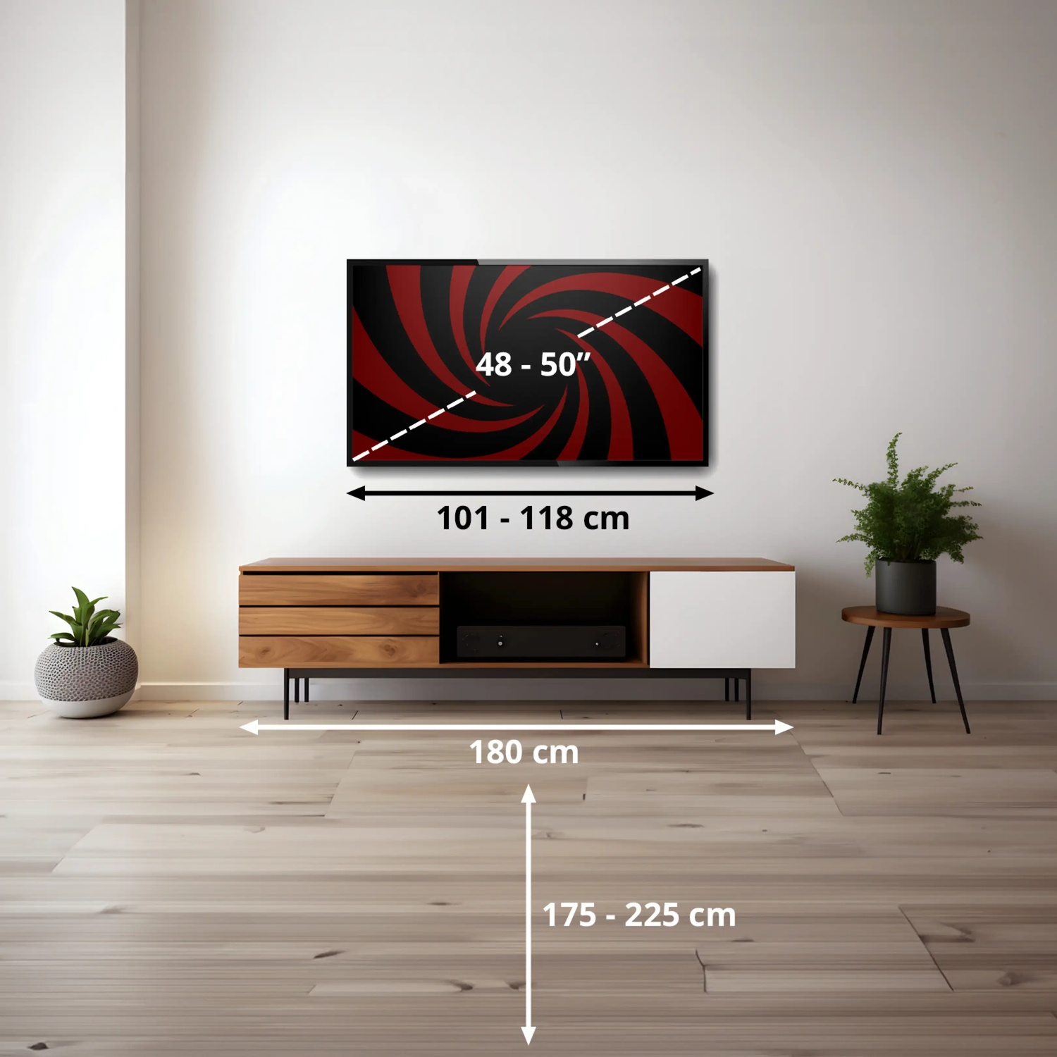 Woonkamer met tv-meubel, wand-tv en afmetingen voor scherm en meubel.