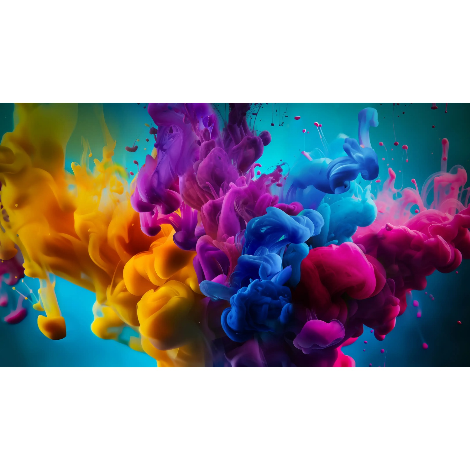 Levendige, kleurrijke inktwolken van geel, paars, blauw en roze mengen in helder water tegen een blauwe achtergrond.