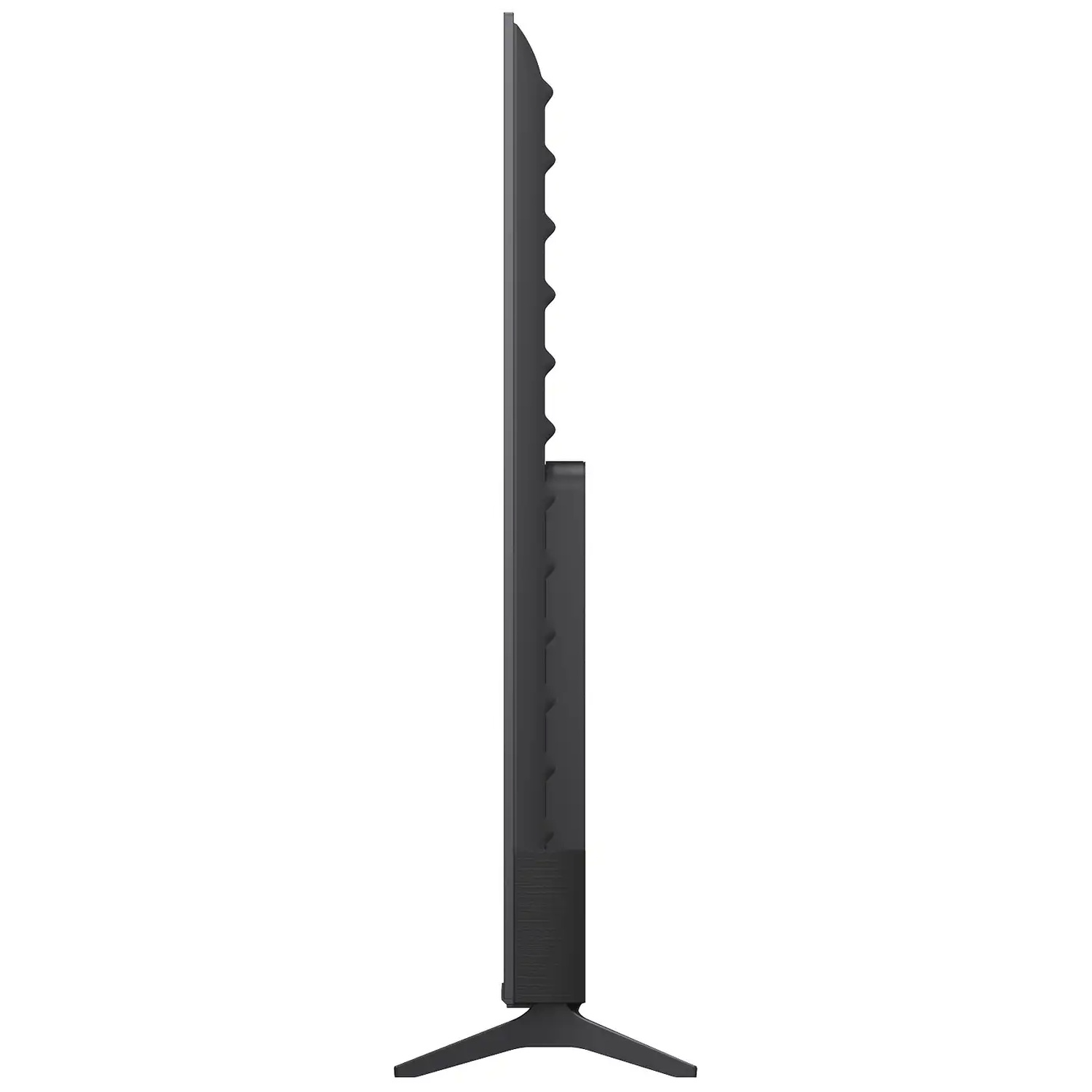 Zijaanzicht van een slanke zwarte tv met een dikkere onderkant op een V-vormige standaard.