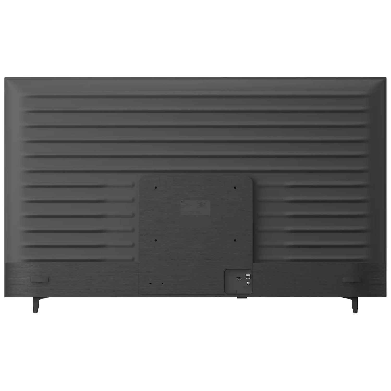 Achterkant van een zwarte flatscreen-tv met ribbeltextuur, centrale montageplaat en poorten onderaan.
