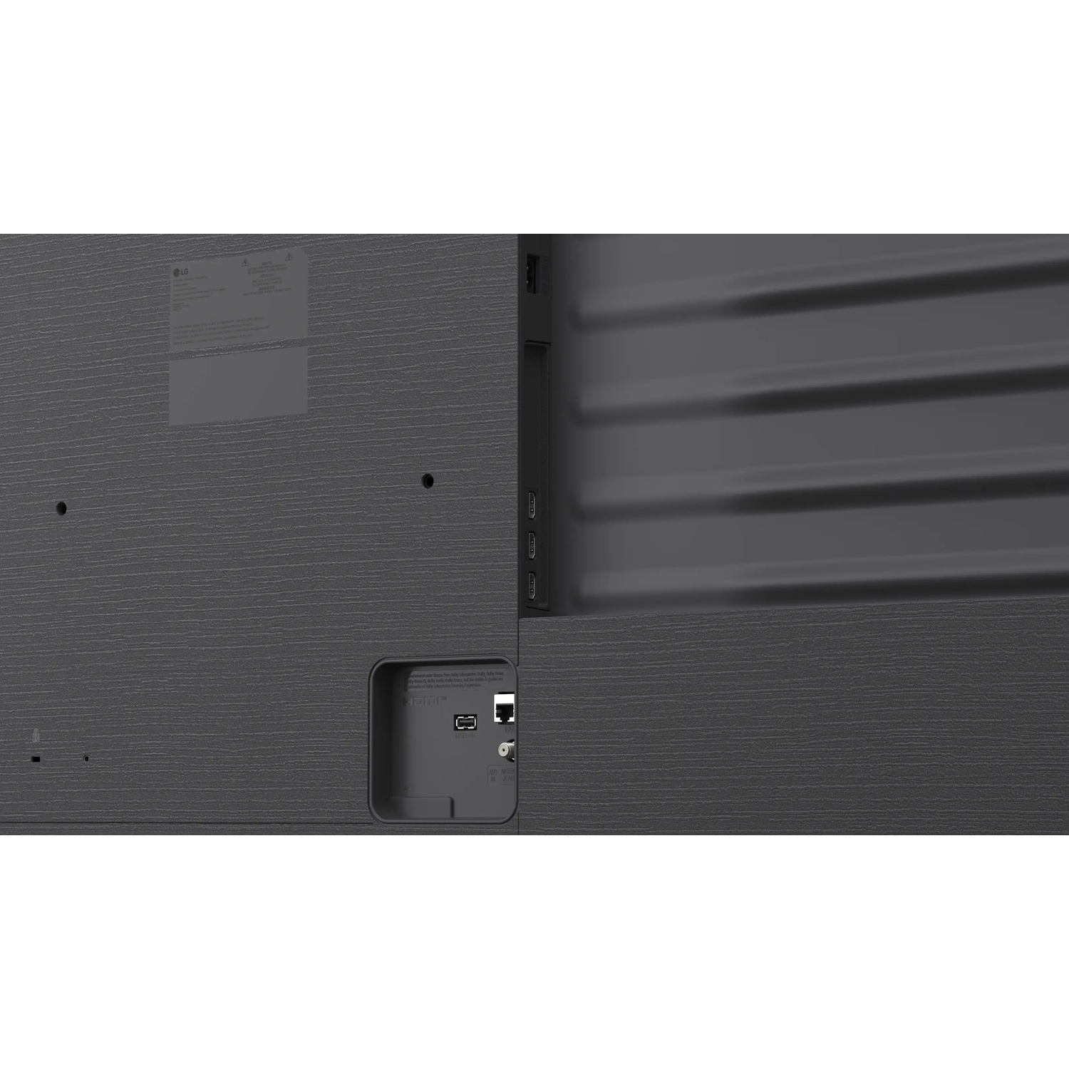 Achteraanzicht van een donkergrijze LG-televisie met verschillende poorten zoals HDMI, USB en LAN op het zij- en onderpaneel.