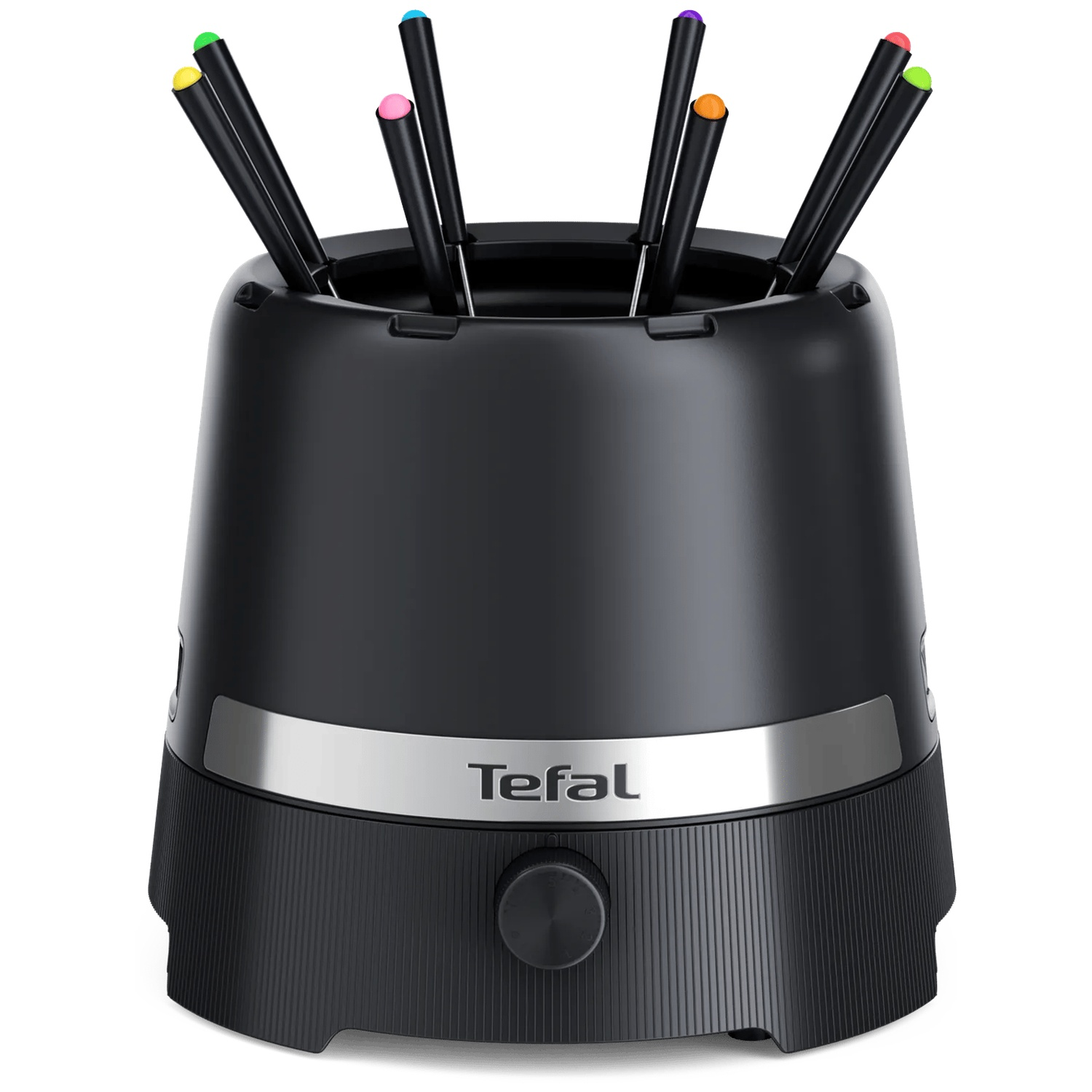 Black Tefal fondue set featuring six colored fondue forks in a stand.
