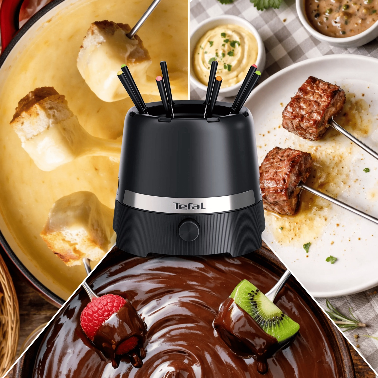 A black Tefal fondue set surrounded by cheese, meat, and chocolate fondue dishes with dipping fruits.