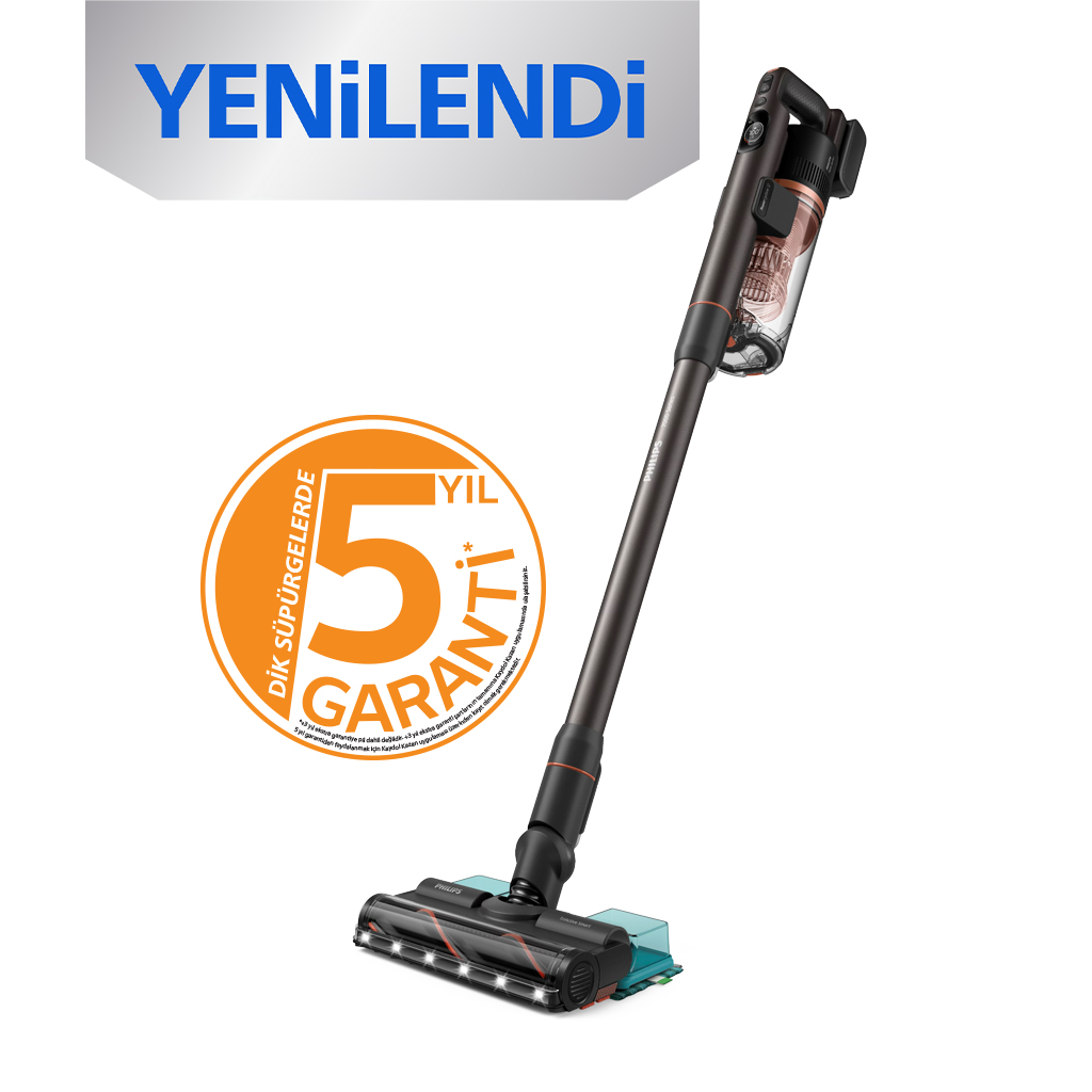 LED başlıklı koyu renk Philips dikey süpürge ve turuncu 5 yıl garanti logosu.