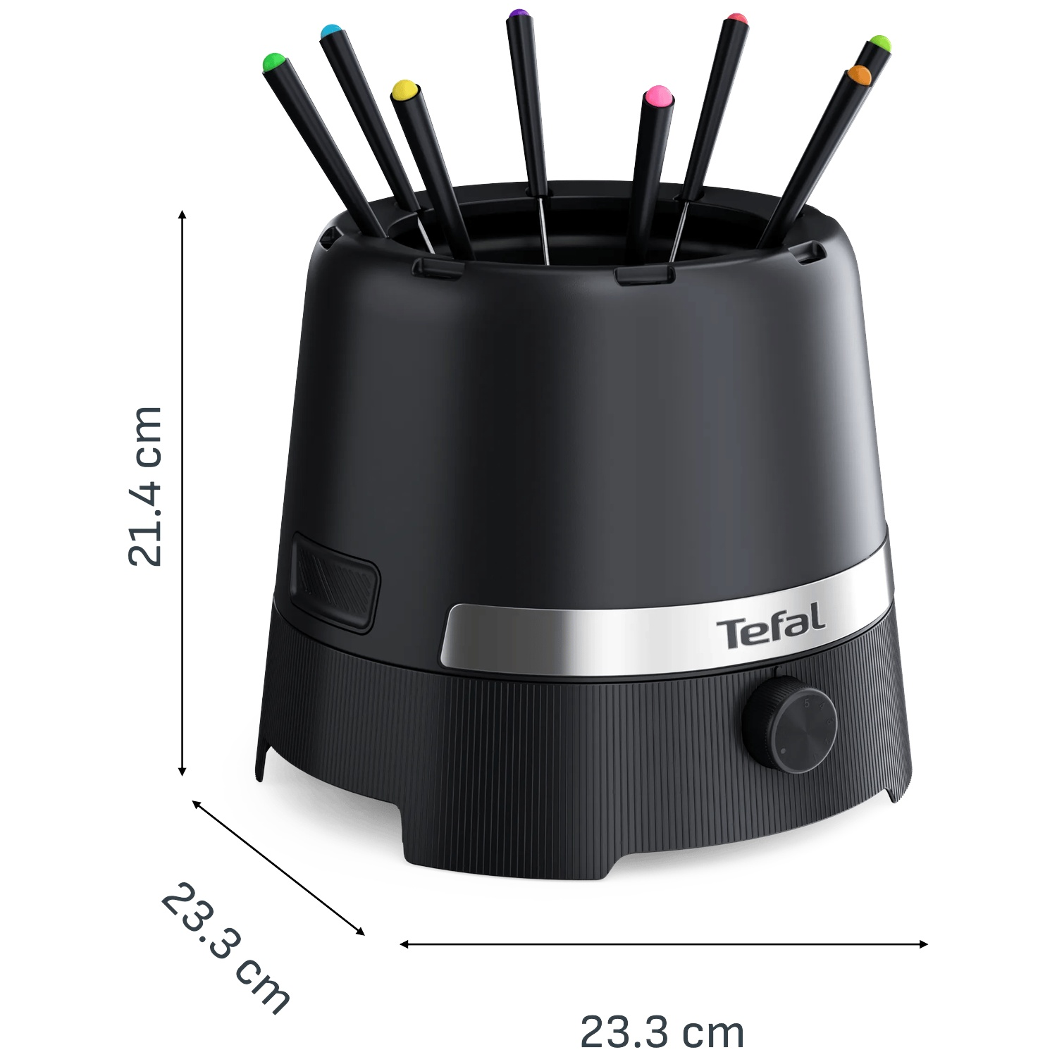 A black Tefal fondue set with colored forks, a control knob, and dimension arrows showing 21.4 cm and 23.3 cm.