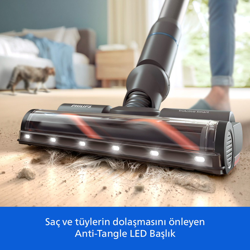 LED'li ve dolaşma önleyici başlıklı Philips süpürge saçları çekiyor.
