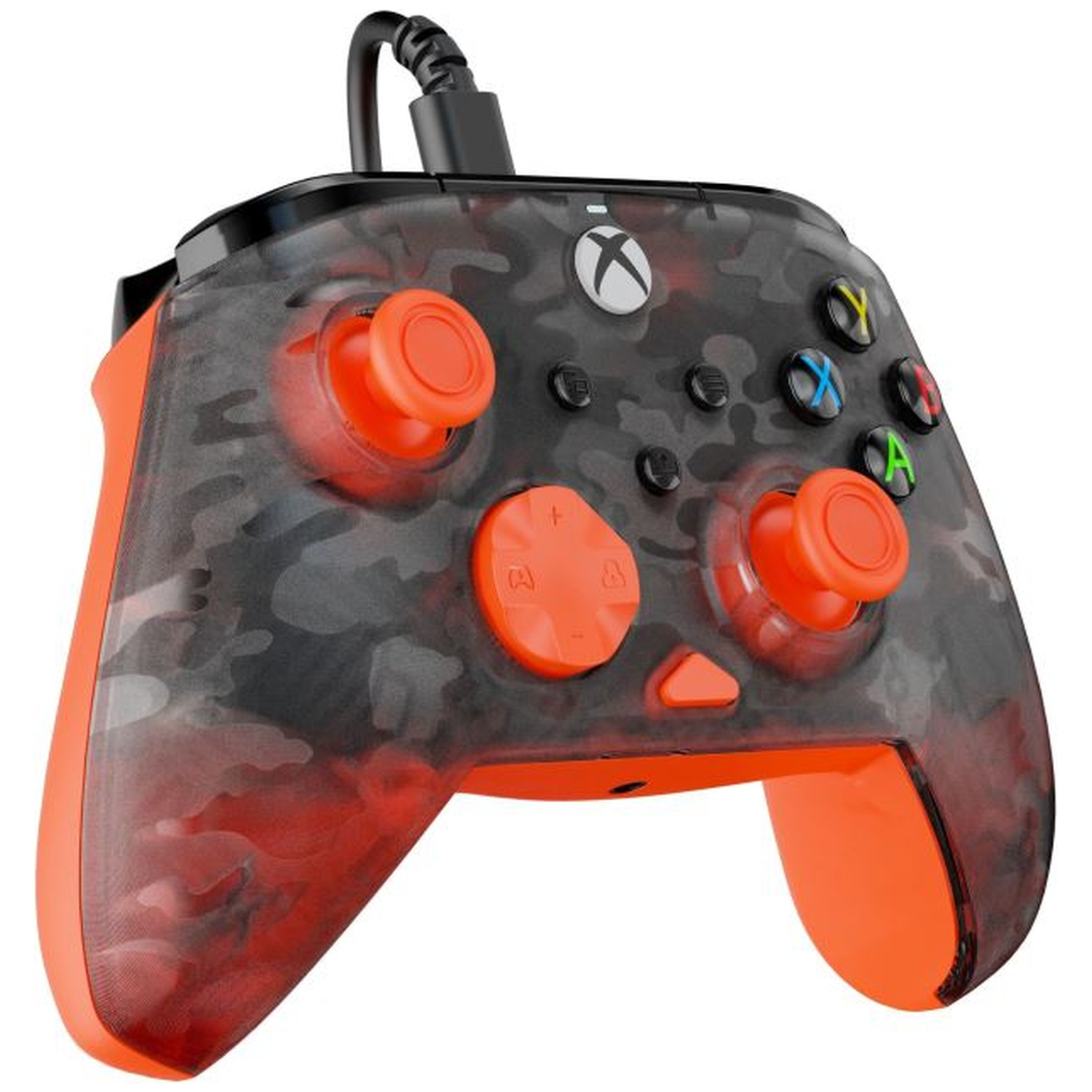 A wired Xbox controller with camo pattern and bright orange accents against a white background.