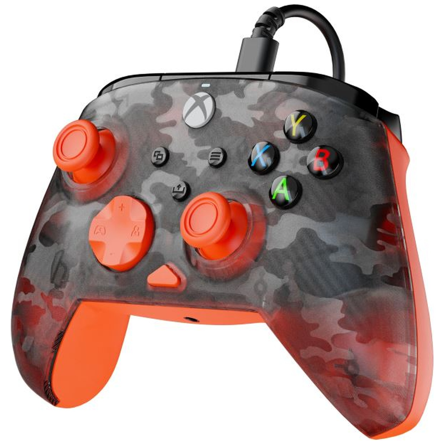 A black and red camouflage Xbox wired controller with bright orange joysticks and d-pad against a white background.