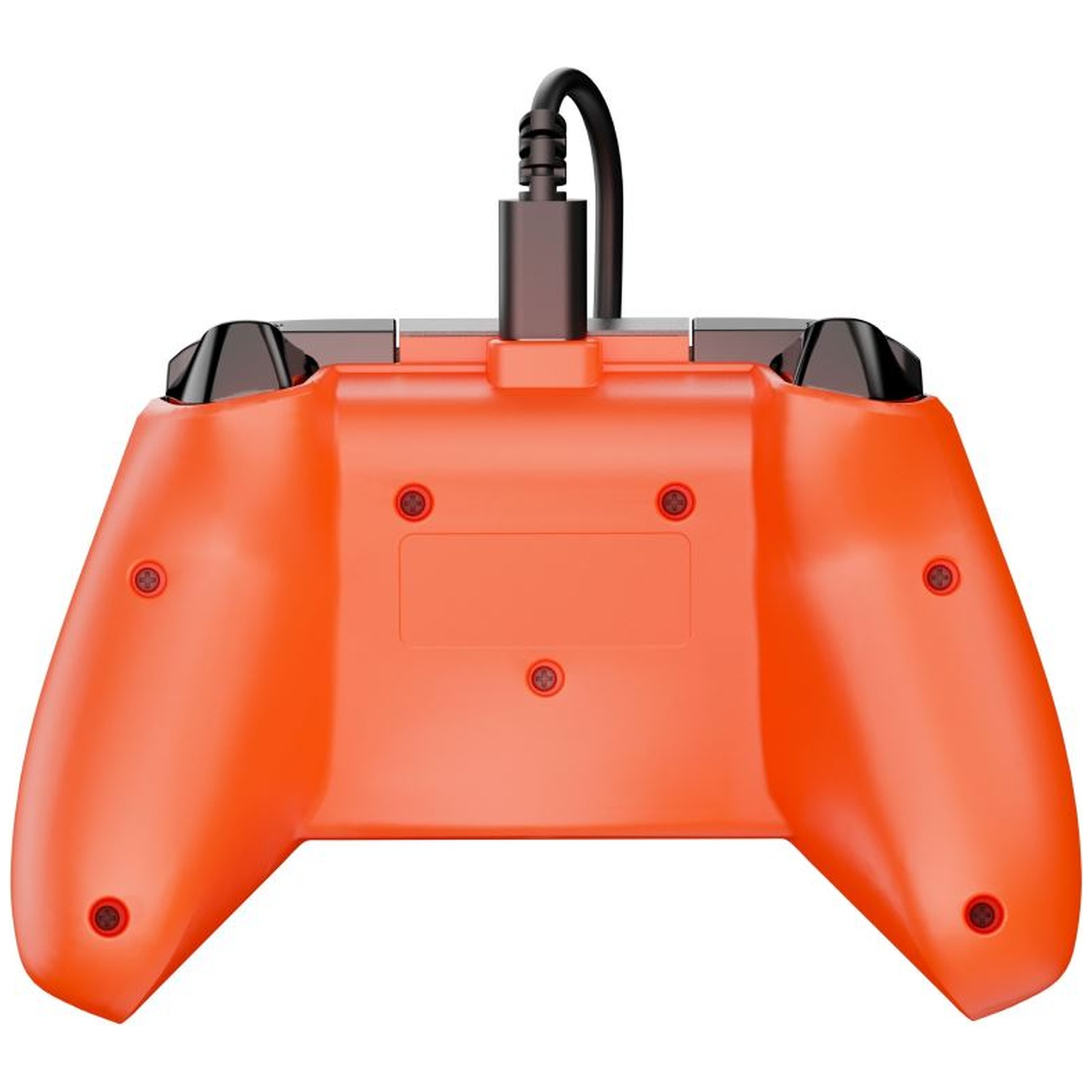 Rear view of an orange gamepad with a black charging cable plugged in, against a white background.