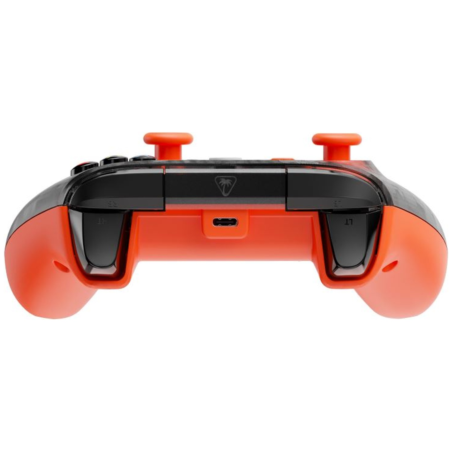 Rear view of an orange and black gamepad showing the USB-C port, triggers, and thumbsticks against a white background.