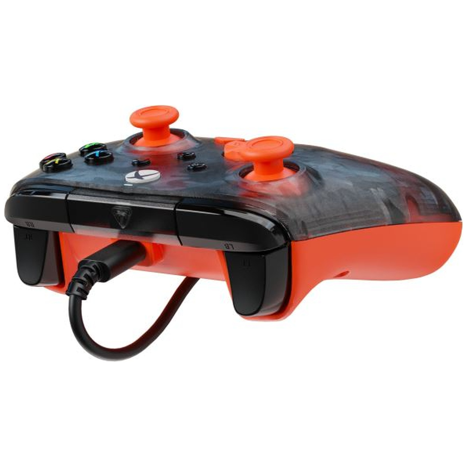 An orange and black Xbox controller with a translucent shell and a plugged-in black cable.