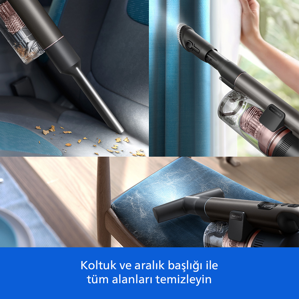 Şarjlı el süpürgesi araba koltuğunu, perdeleri ve sandalyeleri temizliyor.