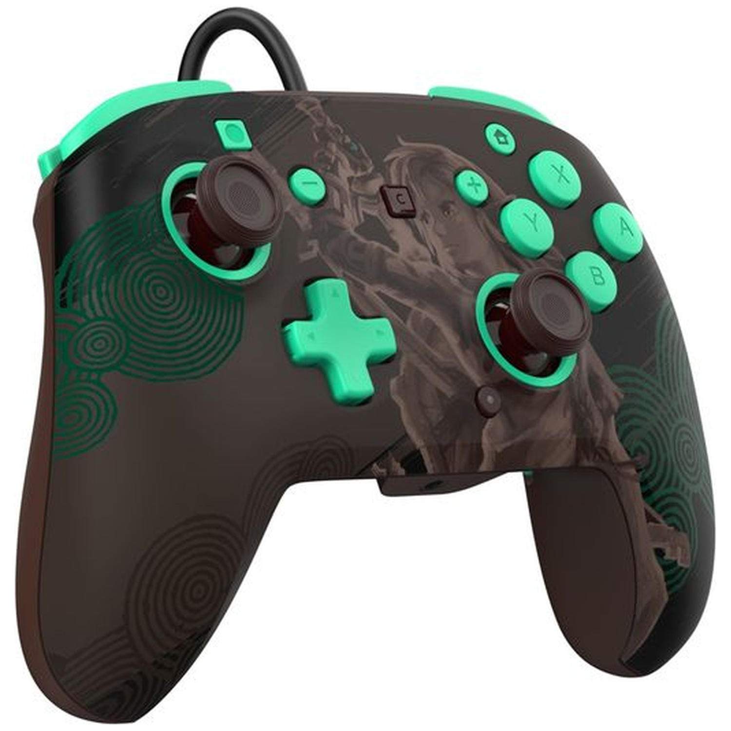 Une manette de jeu noire et marron avec des accents vert menthe et l art de Zelda.