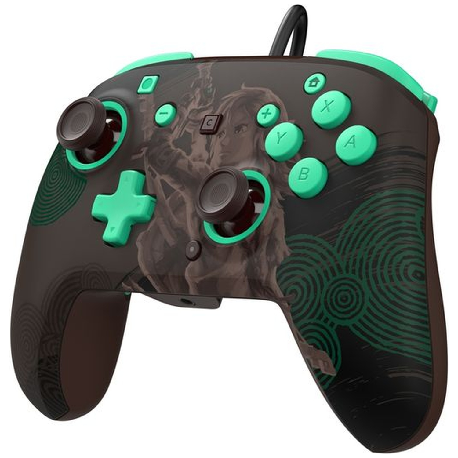 Manette de jeu marron avec boutons vert menthe et graphique de personnage Zelda à l'avant.